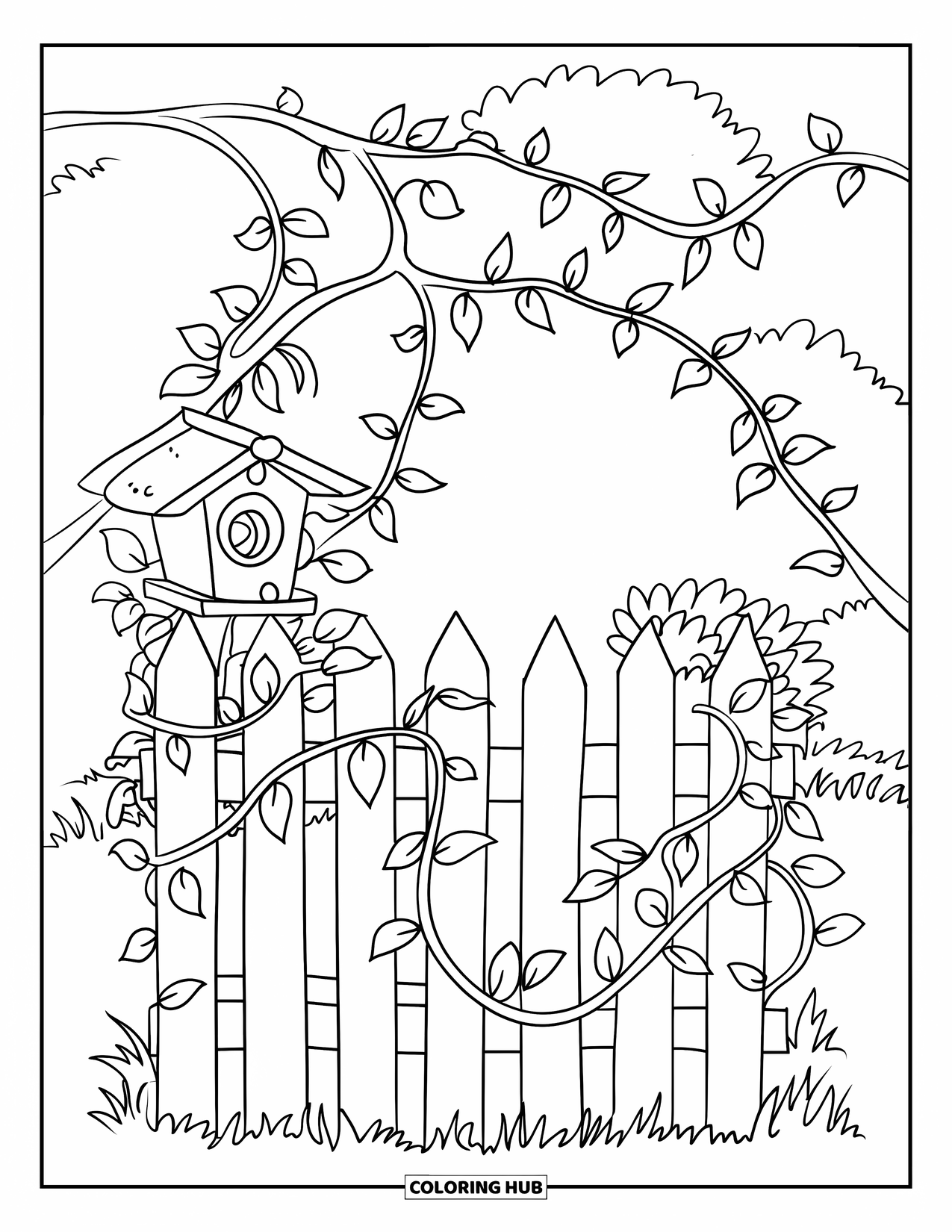 Desen de colorat cu grădină pentru copii: Un gard mic cu viță de vie cățărătoare, care încadrează o căsuță mică din lemn pentru păsări