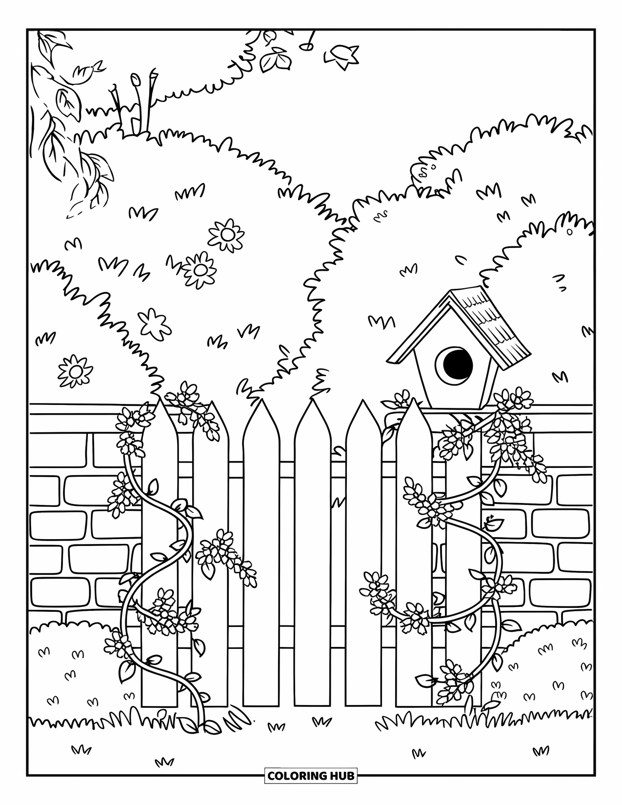Desen de colorat cu grădină pentru copii: O căsuță mică pentru păsări, încadrată de viță de vie cățărătoare, cuibărită printre frunze verzi moi