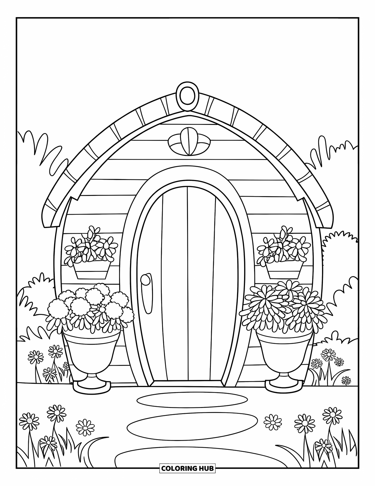 Desen de colorat cu grădină pentru copii: O căsuță mică de grădină cu o ușă rotunjită, înconjurată de flori în ghivece