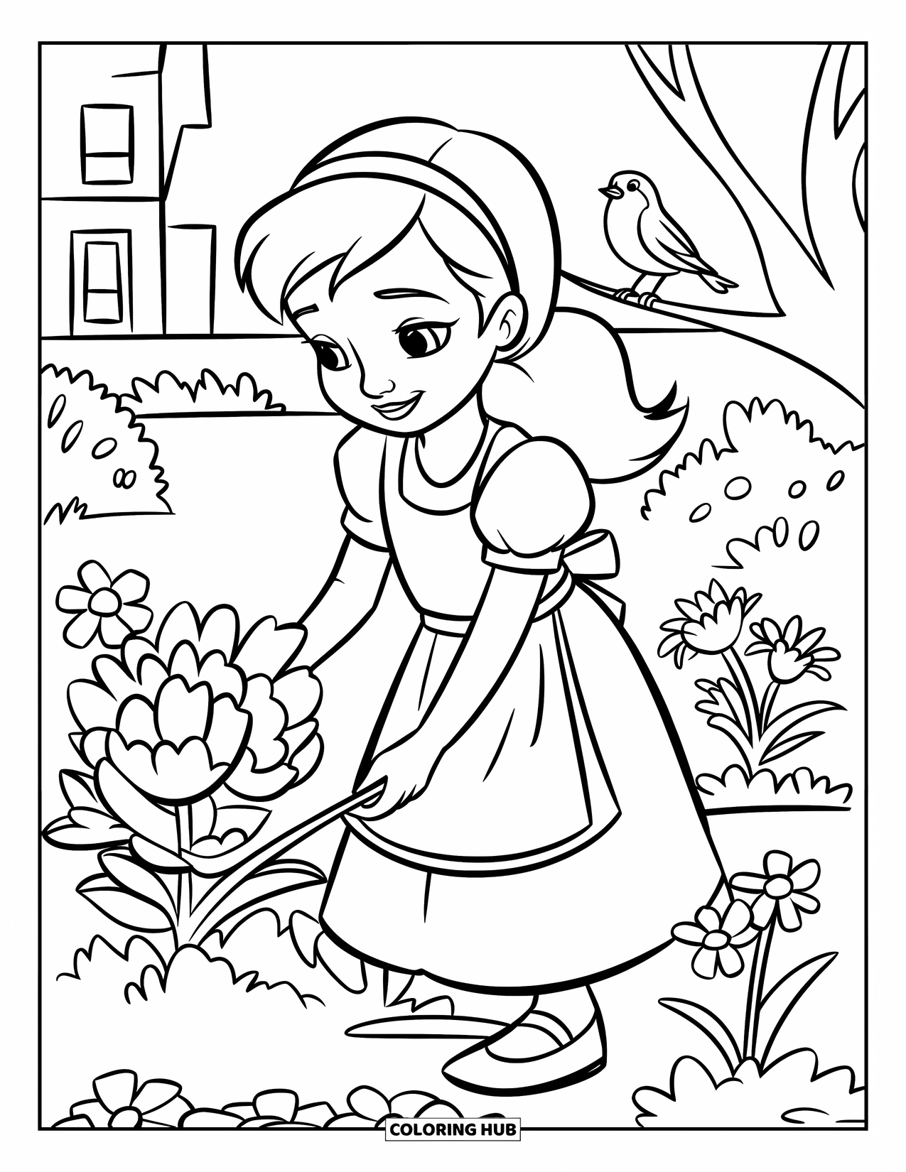 Desen de colorat cu grădină pentru copii: O pasăre roșie mică cocoțată pe un copac, urmărind o fată care are grijă de stratul ei de flori