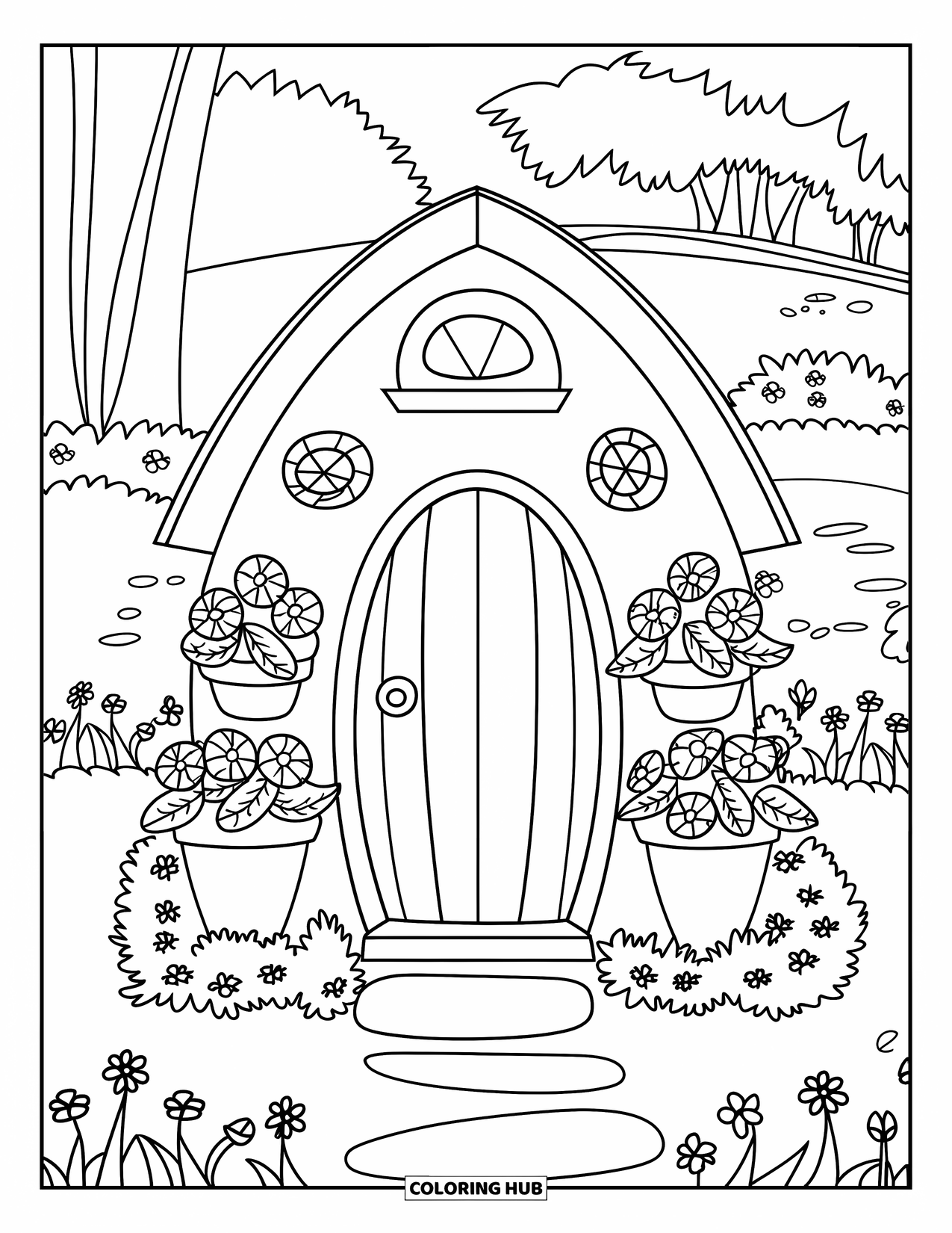 Desen de colorat cu grădină pentru copii: O căsuță mică din lemn cu o ușă rotundă și o potecă mărginită de flori înflorite