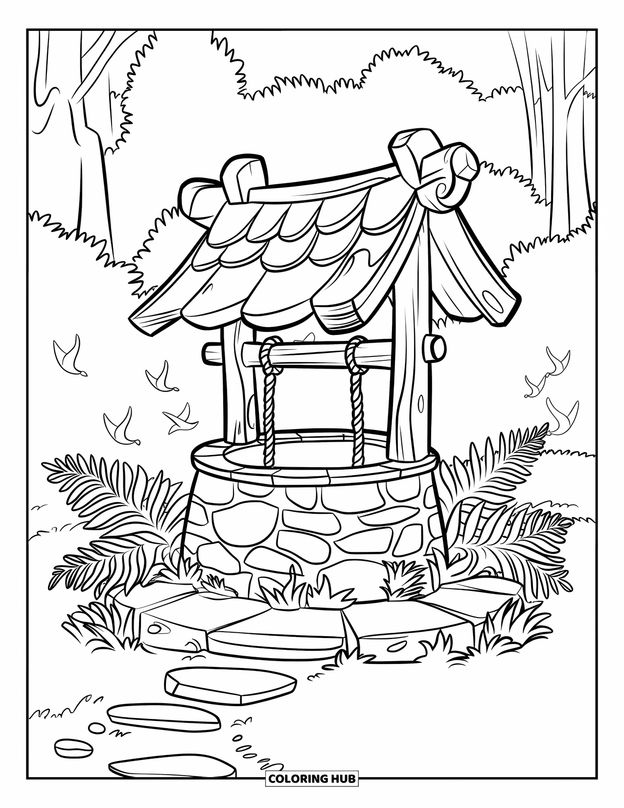 Desen de colorat cu grădină pentru copii: O fântână capricioasă a dorințelor înconjurată de ferigi, pietre și păsări fluturânde