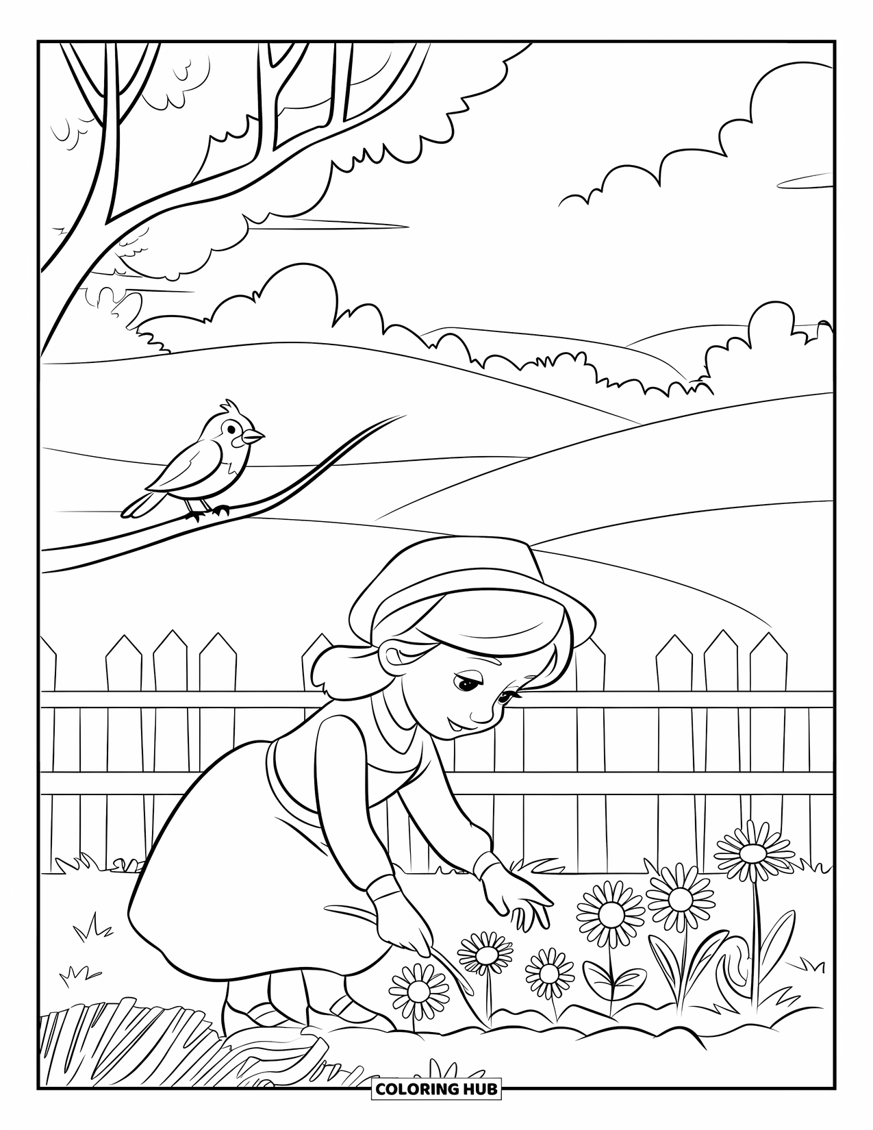 Desen de colorat cu grădină pentru copii: O fată tânără care plantează flori în timp ce o pasăre roșie urmărește dintr-o ramură din apropiere