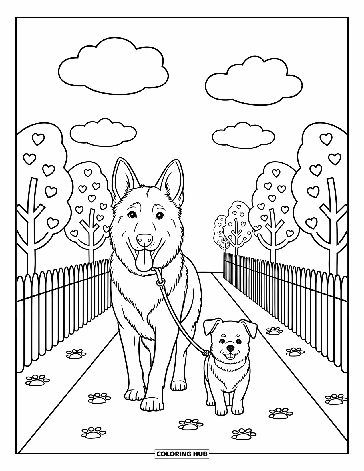 Desenho de Pastor Alemão para Colorir para Adultos: Um cão calmo caminha com um filhote menor por um caminho aconchegante com pegadas de patas e pequenas árvores