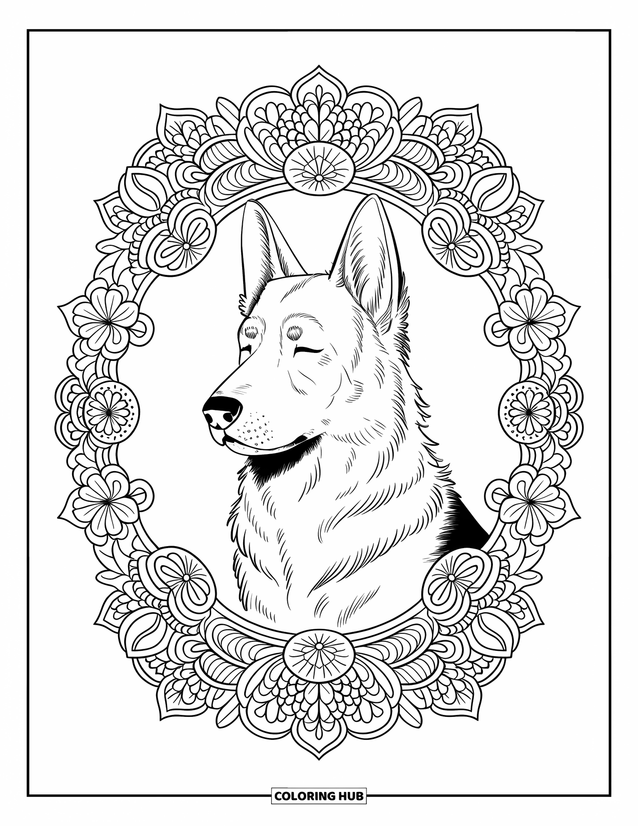 Desenho de Pastor Alemão para Adultos: Um cão calmo com olhos fechados é emoldurado por flores, folhas e videiras delicadas