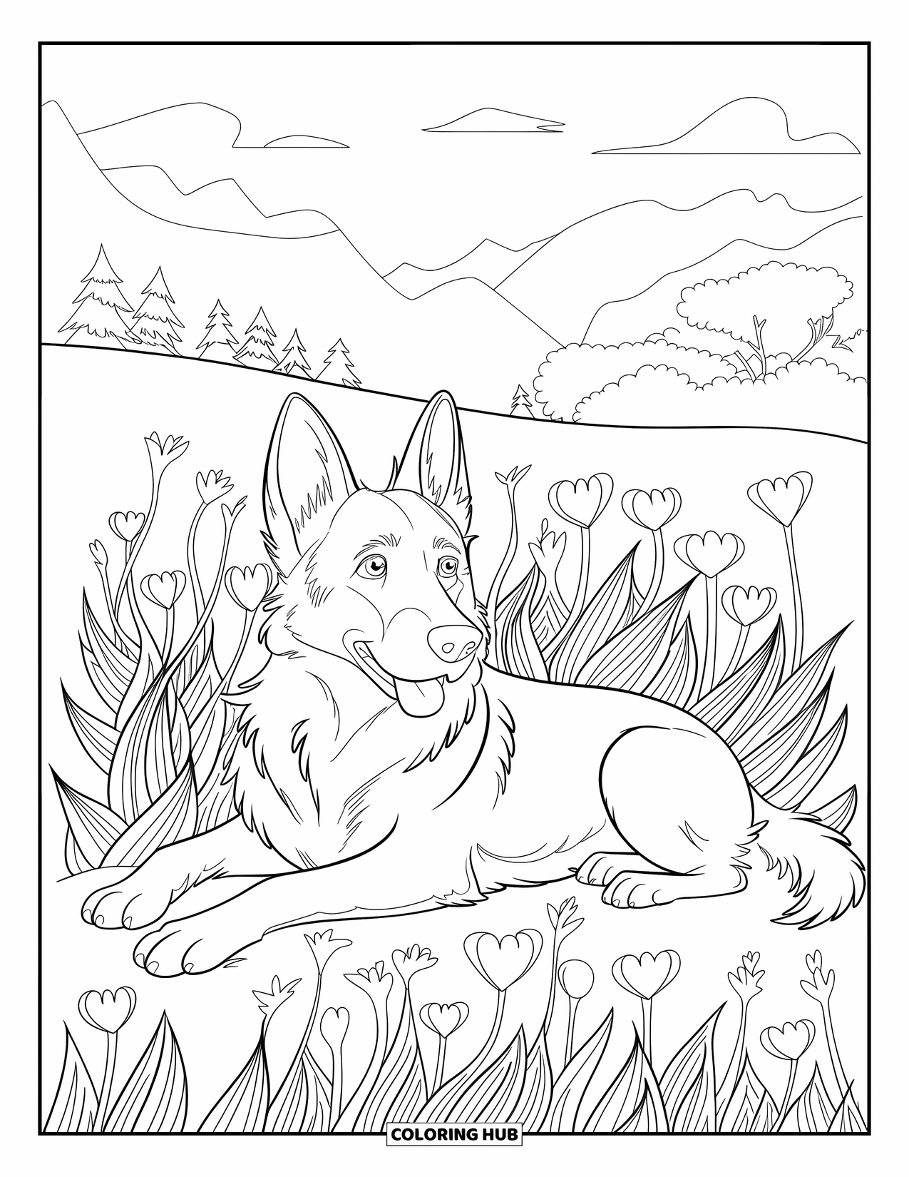 Desenho de Pastor Alemão para Colorir para Adultos: Um filhote calmo descansa na grama com flores em forma de coração, árvores e montanhas por perto