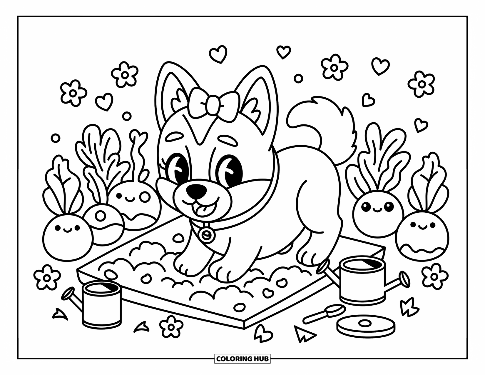 Desenho de Pastor Alemão para Colorir para Adultos: Um filhote alegre com um laço cava alegremente em um pequeno canteiro de vegetais e flores