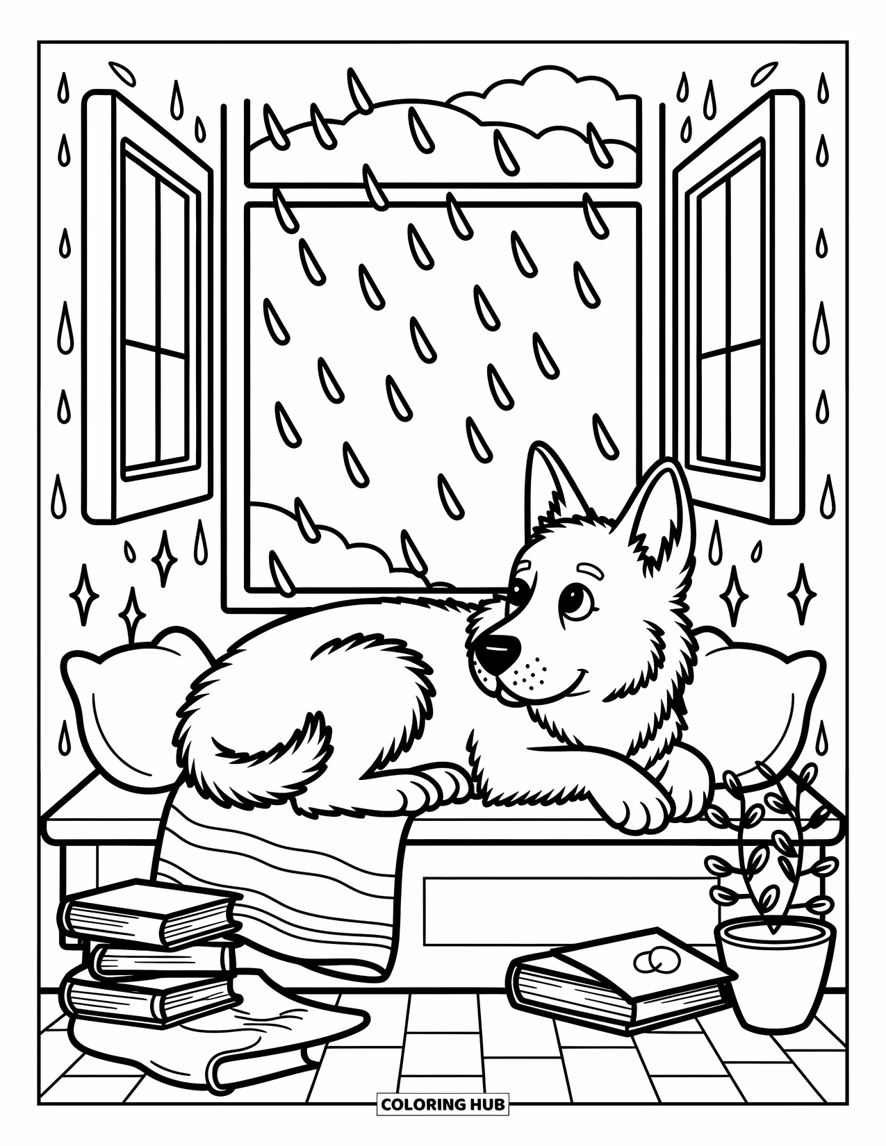 Desenho de Pastor Alemão para Colorir para Adultos: Um filhote aconchegante observa as gotas de chuva caírem enquanto está enrolado perto de livros, uma planta e brilhos flutuantes