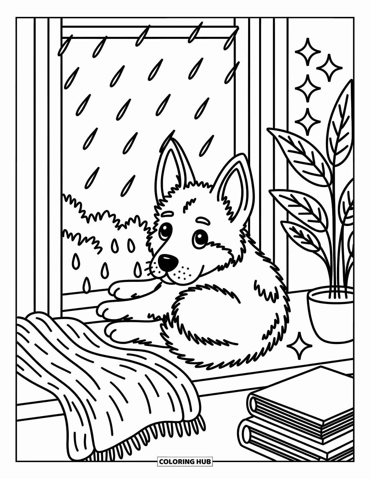 Desenho de Pastor Alemão para Colorir para Adultos: Um filhote fofinho descansa perto da janela observando a chuva, cercado por livros, uma planta e brilhos