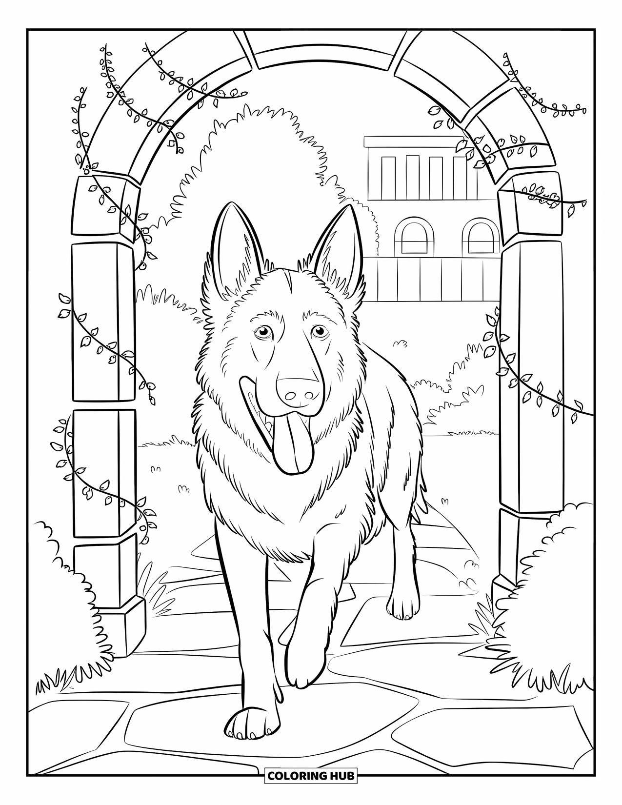 Desenho de Pastor Alemão para Adultos: Um cão caminha por um arco de pedra frondoso com um edifício visto ao fundo