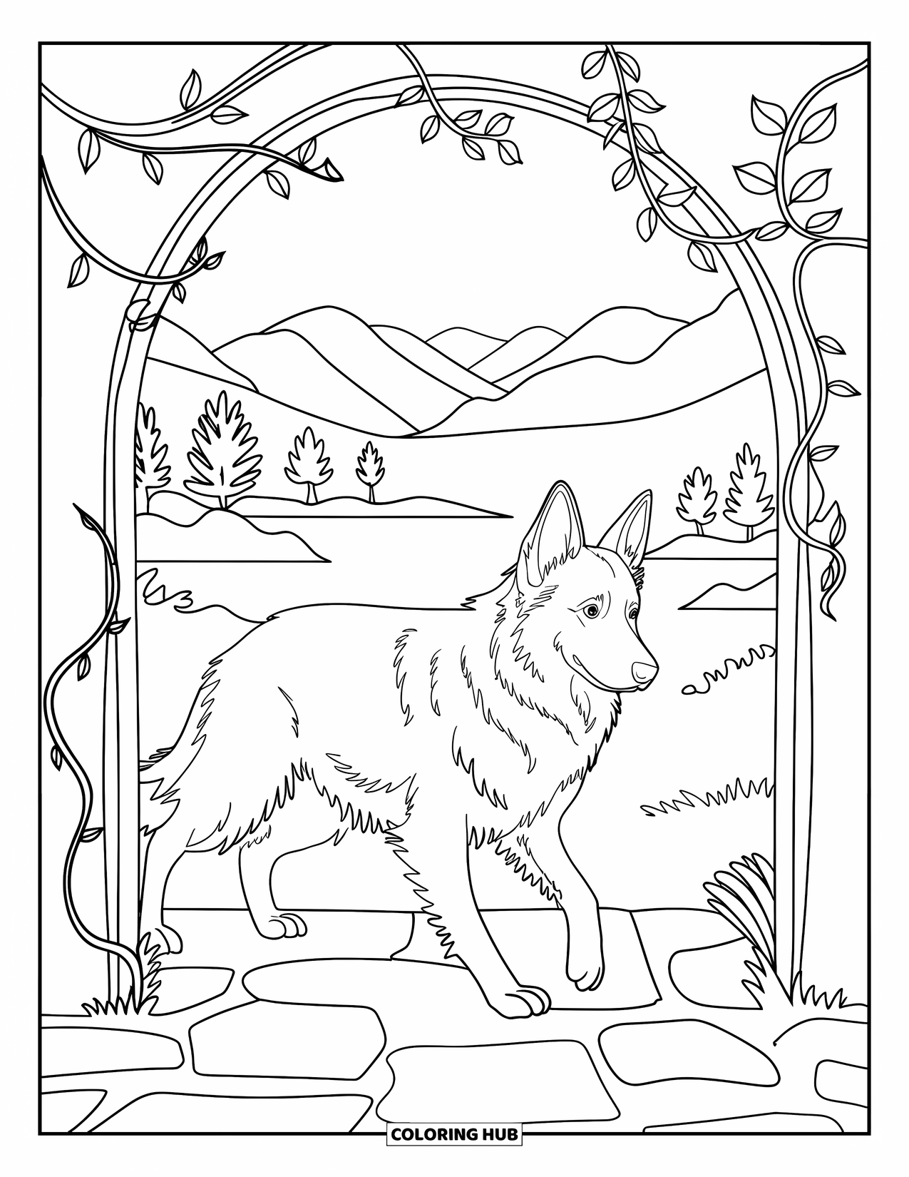 Desenho de Pastor Alemão para Adultos: Um cão caminha por um arco de pedra coberto de videiras com montanhas e água atrás