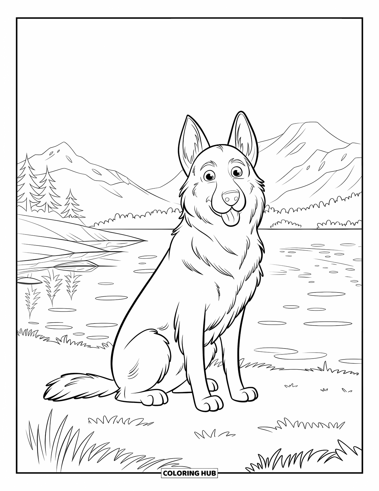 Desenho de Pastor Alemão para Adultos: Um filhote gentil senta-se perto de um lago tranquilo, observando os reflexos calmos e as montanhas