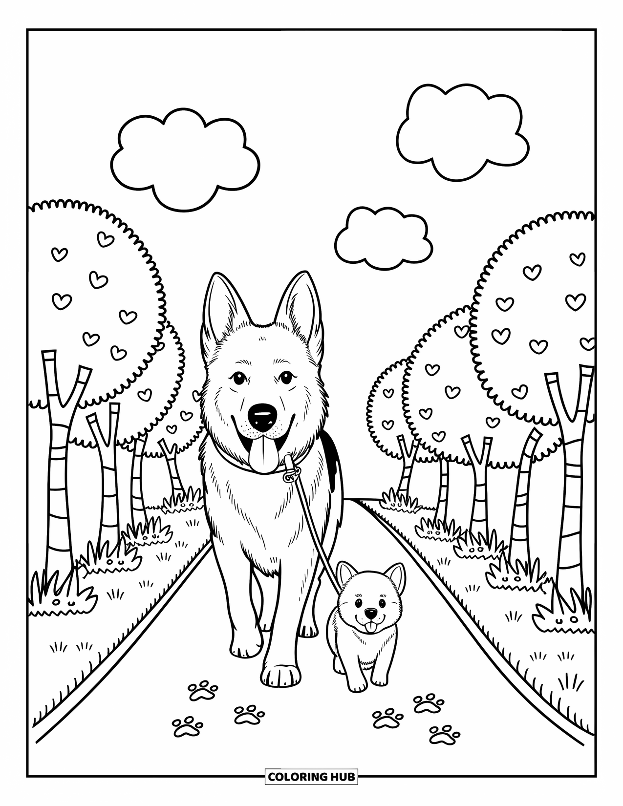 Desenho de Pastor Alemão para Colorir para Adultos: Um filhote gentil caminha com um cachorrinho em um caminho tranquilo com pegadas de patas e nuvens fofas