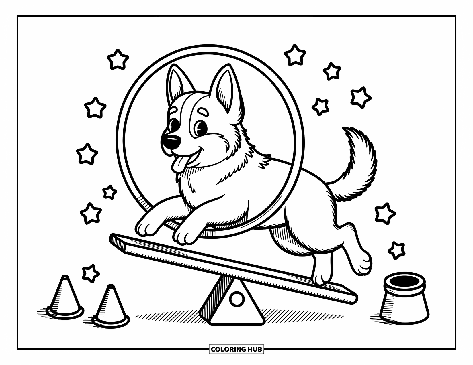 Desenho de Pastor Alemão para Colorir para Adultos: Um Pastor Alemão salta através de um aro em uma gangorra com pequenas estrelas e um pote de guloseimas