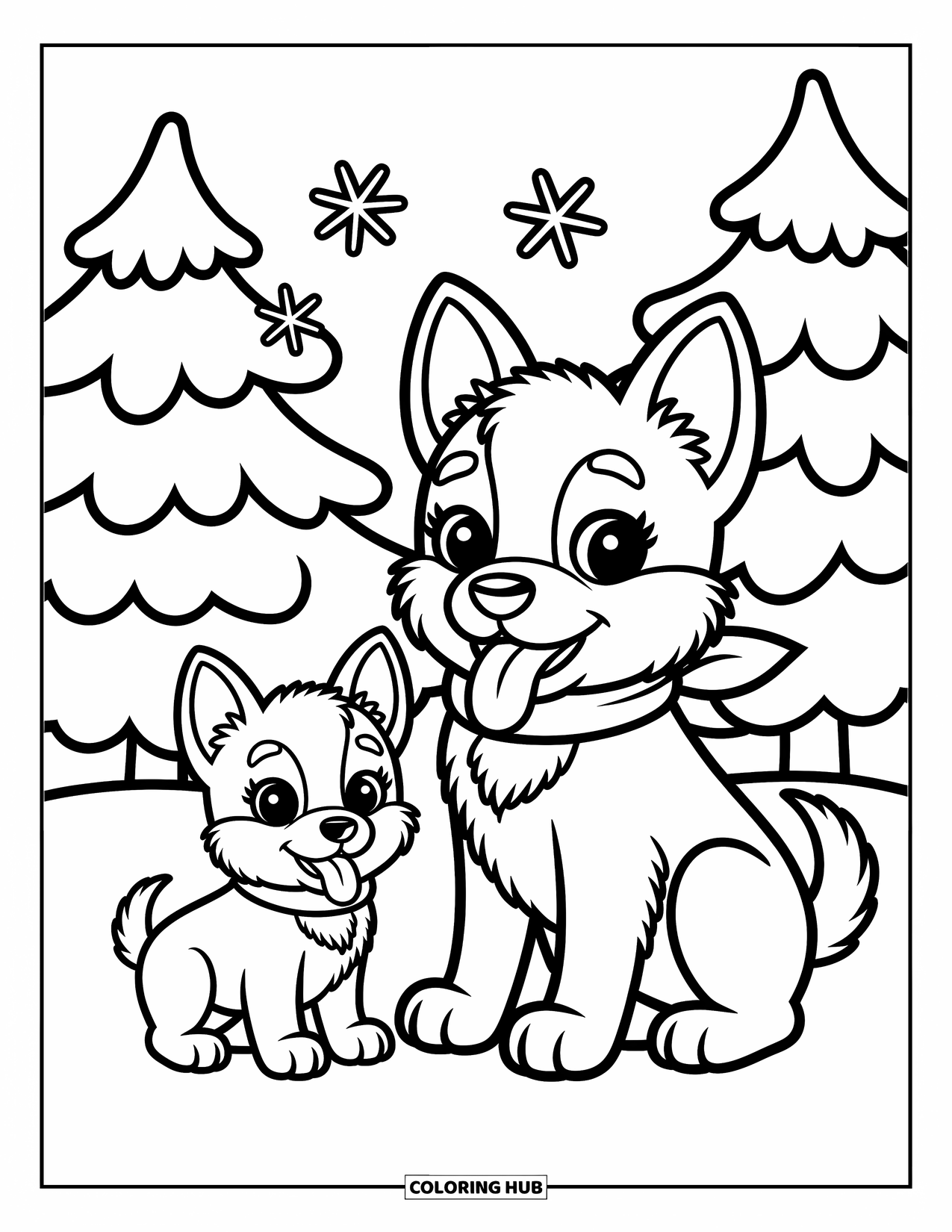 Desenho de Pastor Alemão para Colorir para Adultos: Um Pastor Alemão com um cachecol pega flocos de neve enquanto um filhote de neve fofo brinca por perto