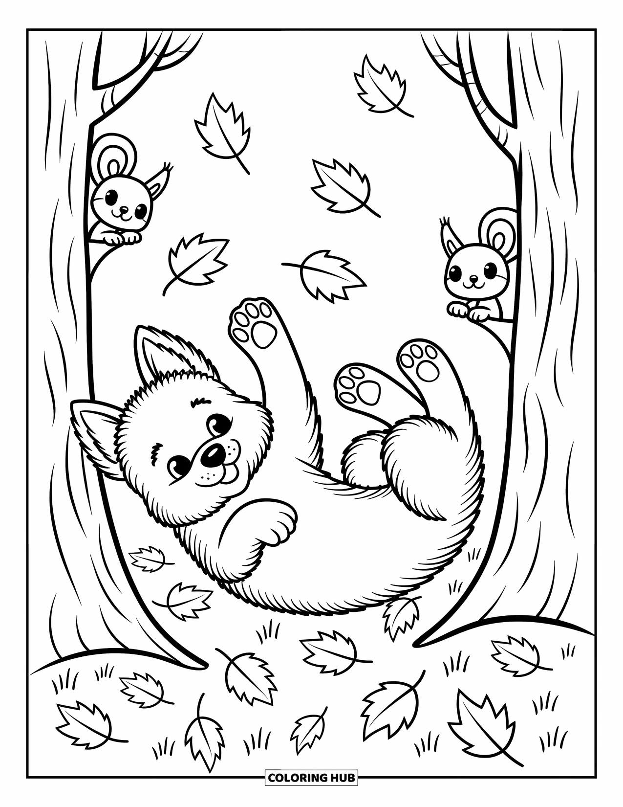 Desenho de Pastor Alemão para Colorir para Adultos: Um Pastor Alemão deita de barriga para cima em folhas de outono enquanto esquilos espiam por trás de árvores próximas