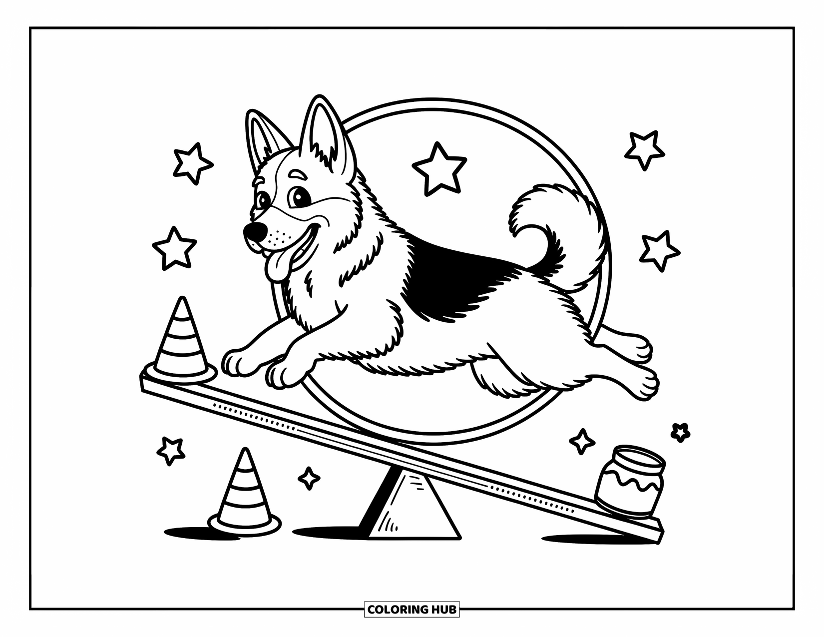 Desenho de Pastor Alemão para Colorir para Adultos: Um cão feliz salta através de um aro em uma gangorra, aplaudido por estrelas e cones