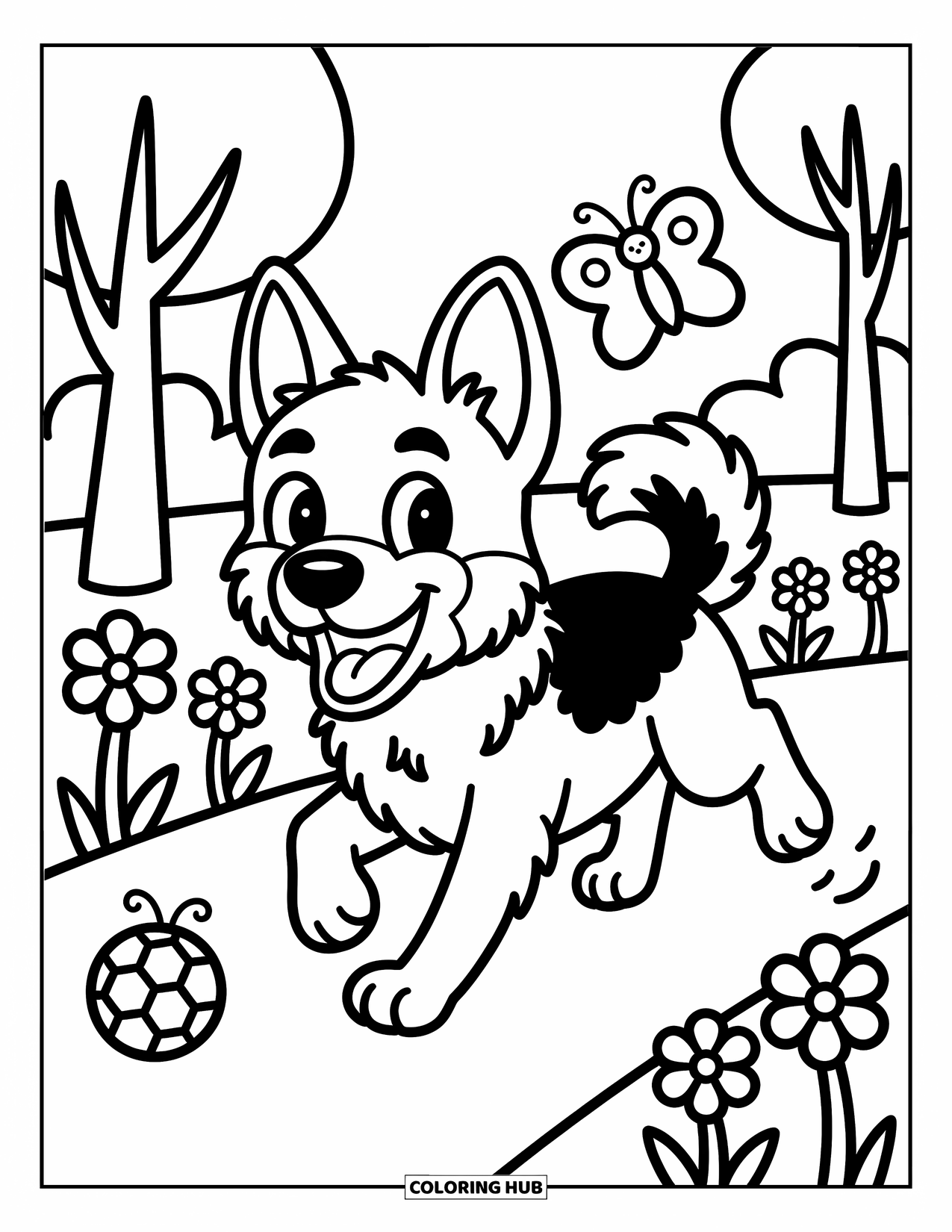 Desenho de Pastor Alemão para Colorir para Adultos: Um cão feliz corre no parque com borboletas e folhas em forma de coração alinhando o caminho