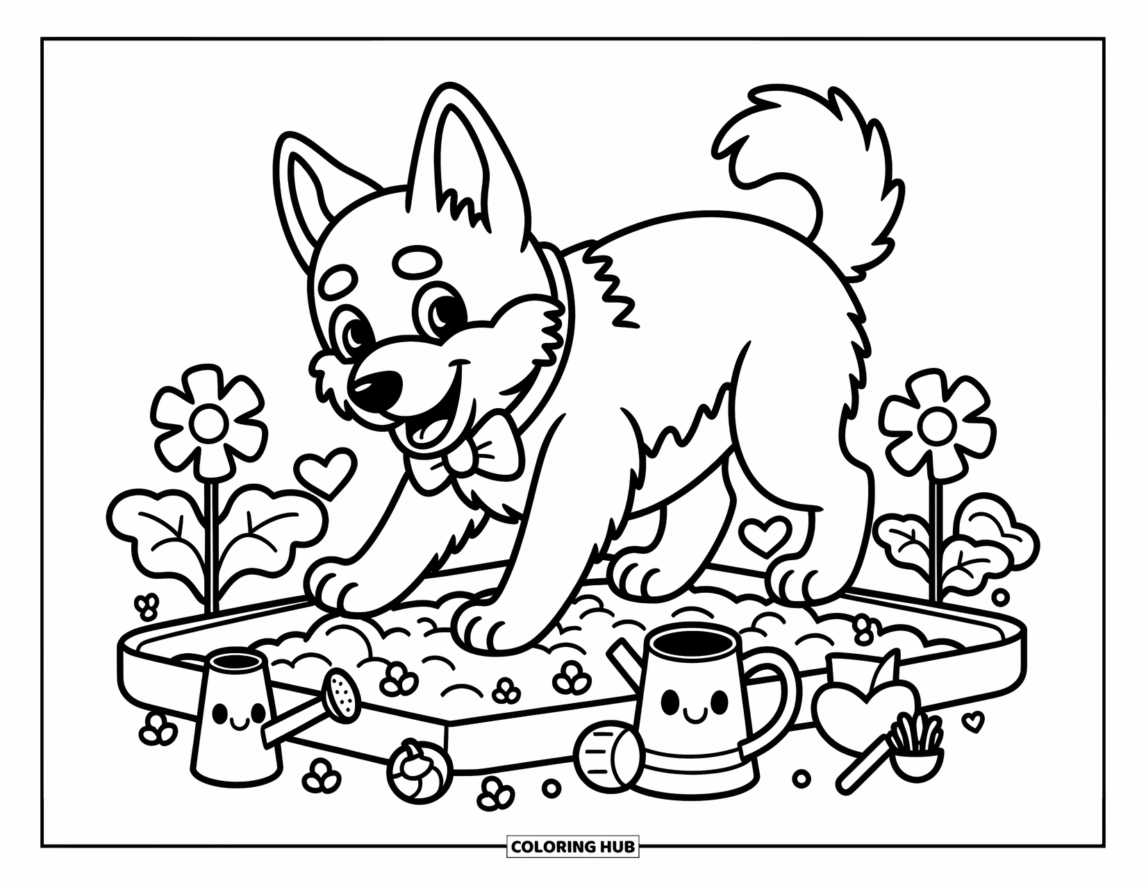 Desenho de Pastor Alemão para Adultos: Um Pastor Alemão feliz cava em um pequeno jardim cheio de flores, vegetais e ferramentas divertidas