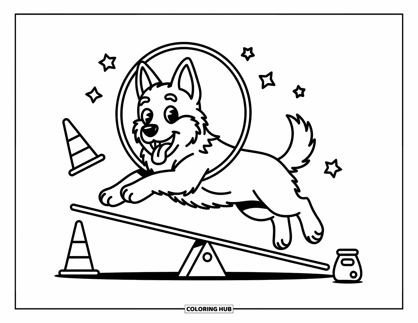 Desenho de Pastor Alemão para Adultos: Um Pastor Alemão alegre pula através de um arco em uma gangorra com guloseimas e cones divertidos