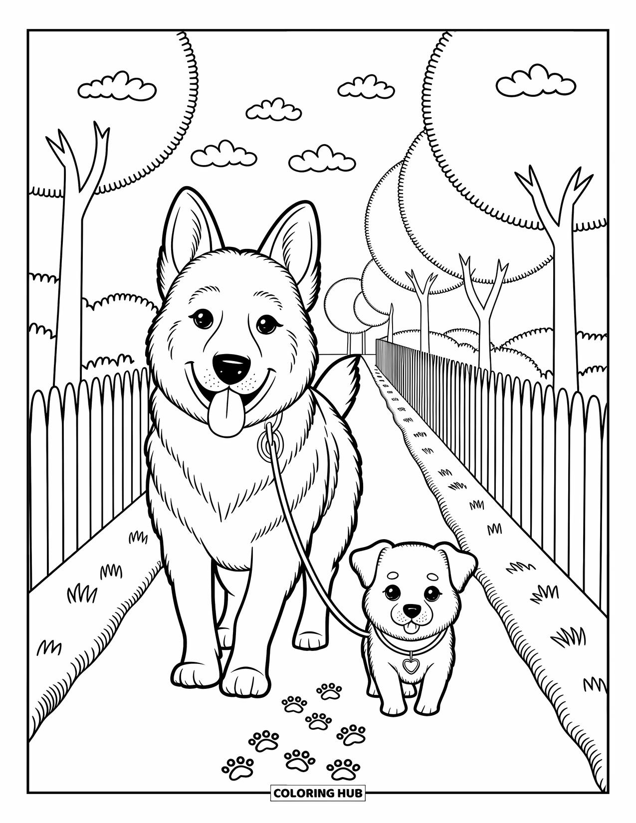 Desenho de Pastor Alemão para Colorir para Adultos: Um filhote gentil caminha com um cachorrinho ao longo de um caminho arborizado com nuvens suaves acima