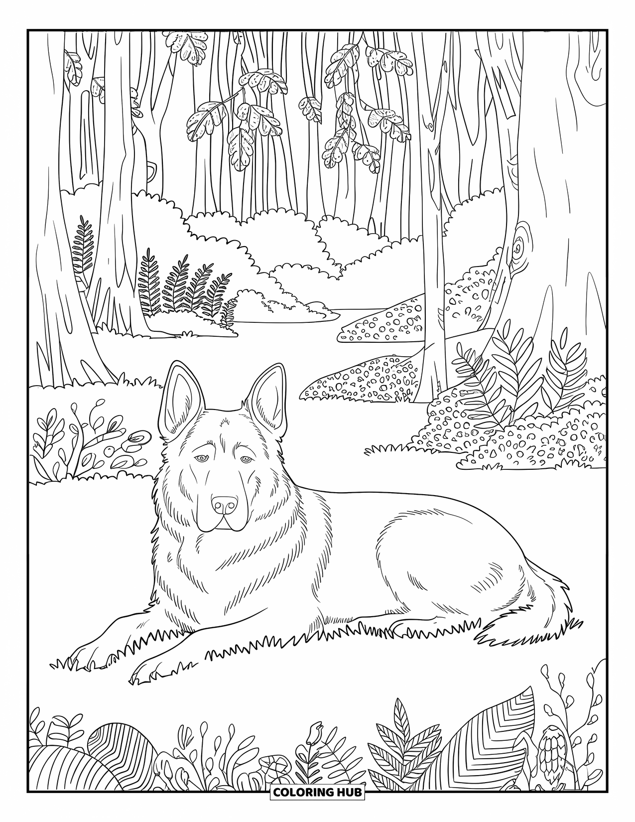 Desenho de Pastor Alemão para Adultos: Um cão pacífico descansa em uma clareira na floresta com árvores frondosas e vegetação padronizada
