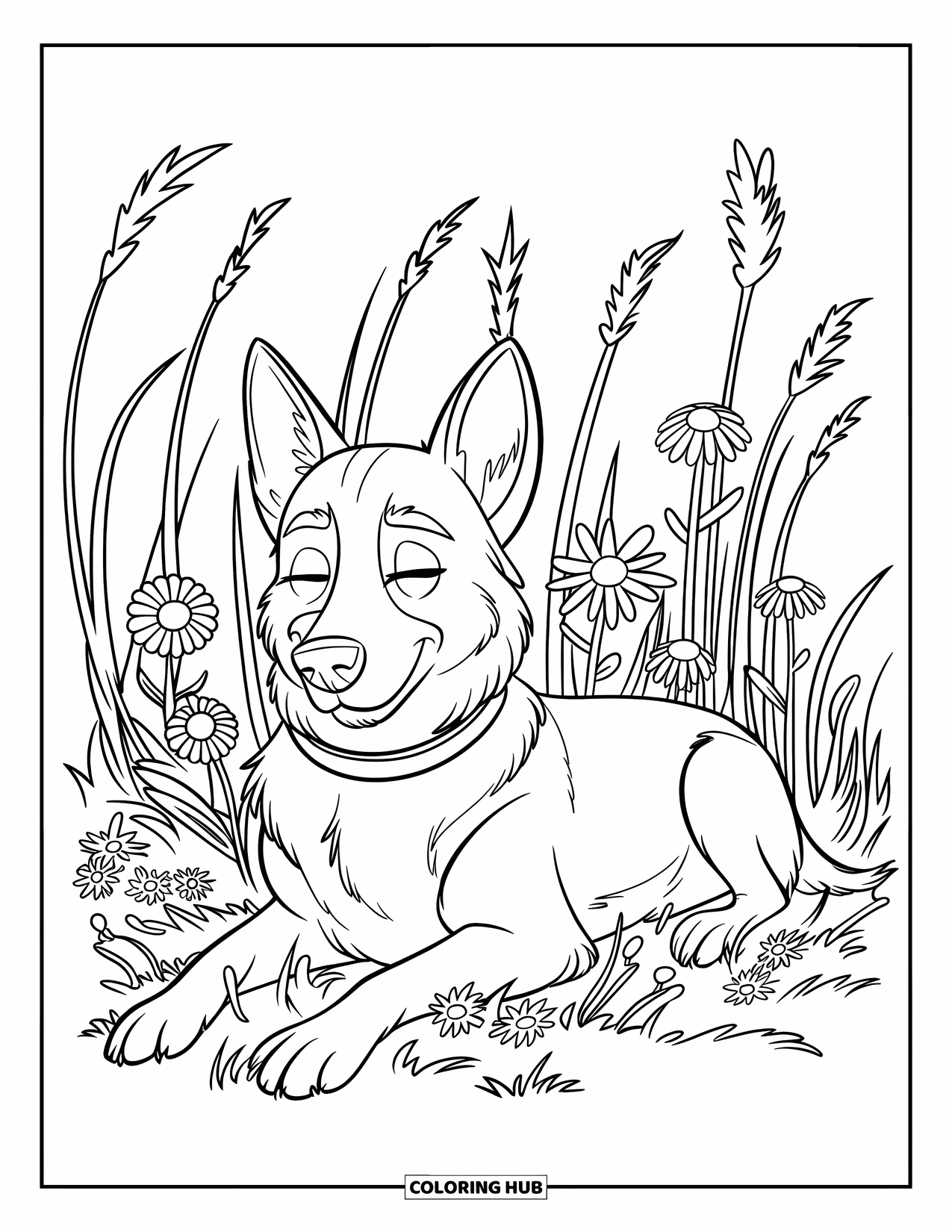 Desenho de Pastor Alemão para Adultos: Um filhote pacífico com uma coleira está deitado entre flores silvestres e gramíneas altas e arejadas