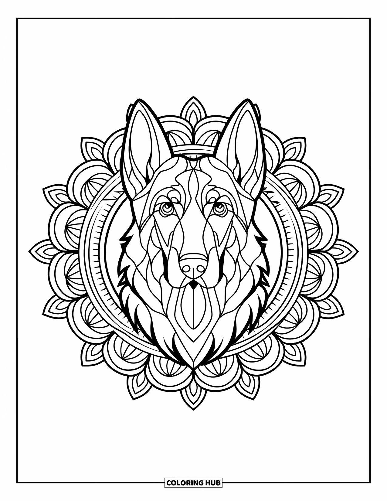 Desenho de Pastor Alemão para Colorir para Adultos: Um retrato de filhote orgulhoso fica dentro de uma mandala floral com linhas ousadas e sem sombreamento