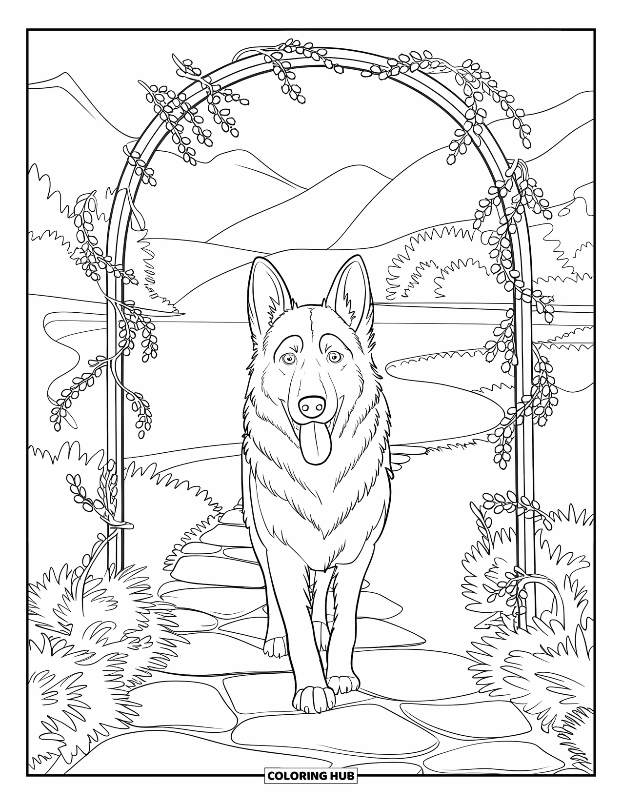 Desenho de Pastor Alemão para Adultos: Um filhote caminha sob um caminho arqueado cercado por árvores, trepadeiras e uma vista calma