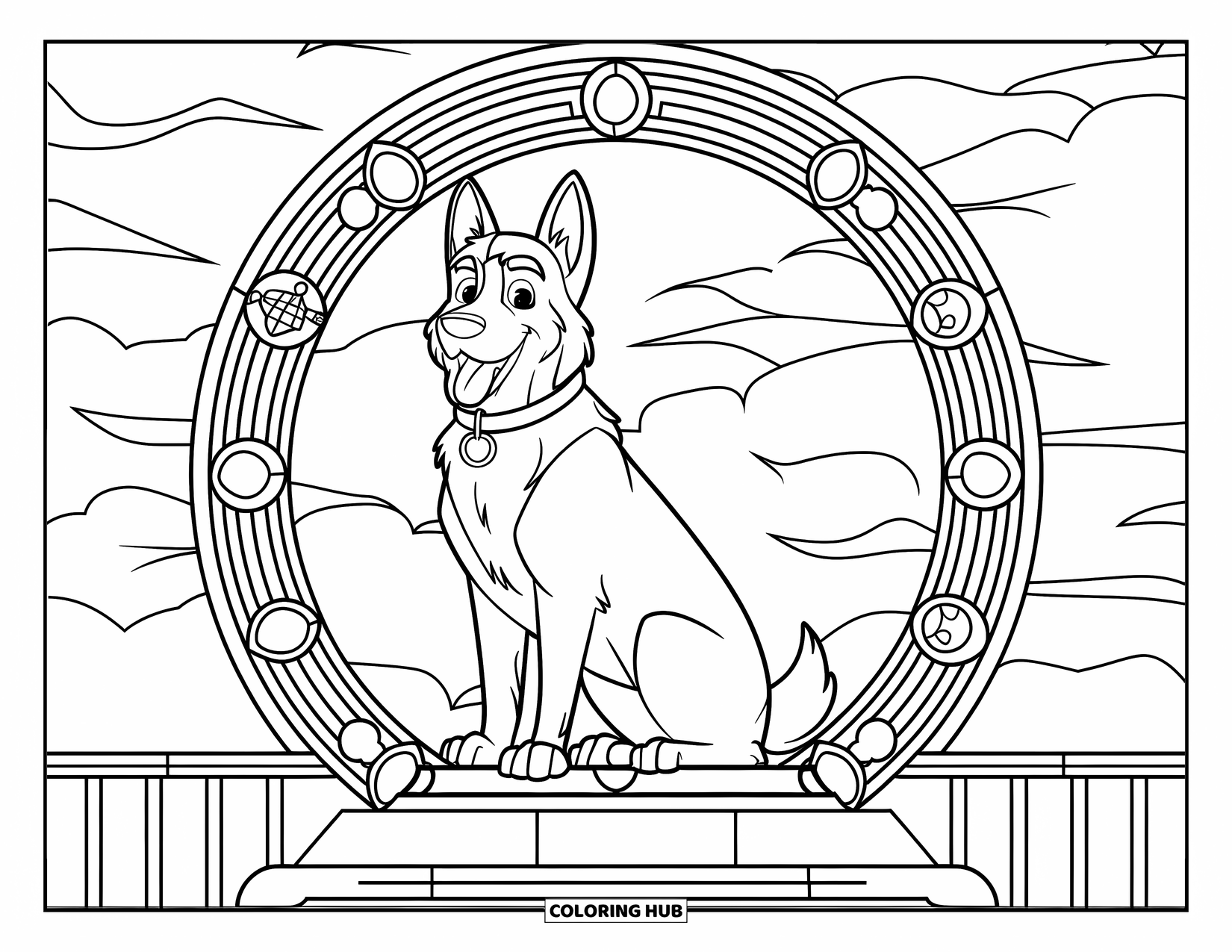 Desenho de Pastor Alemão para Adultos: Um filhote usando uma coleira senta-se em uma base de pedra dentro de uma moldura detalhada em estilo de vitral