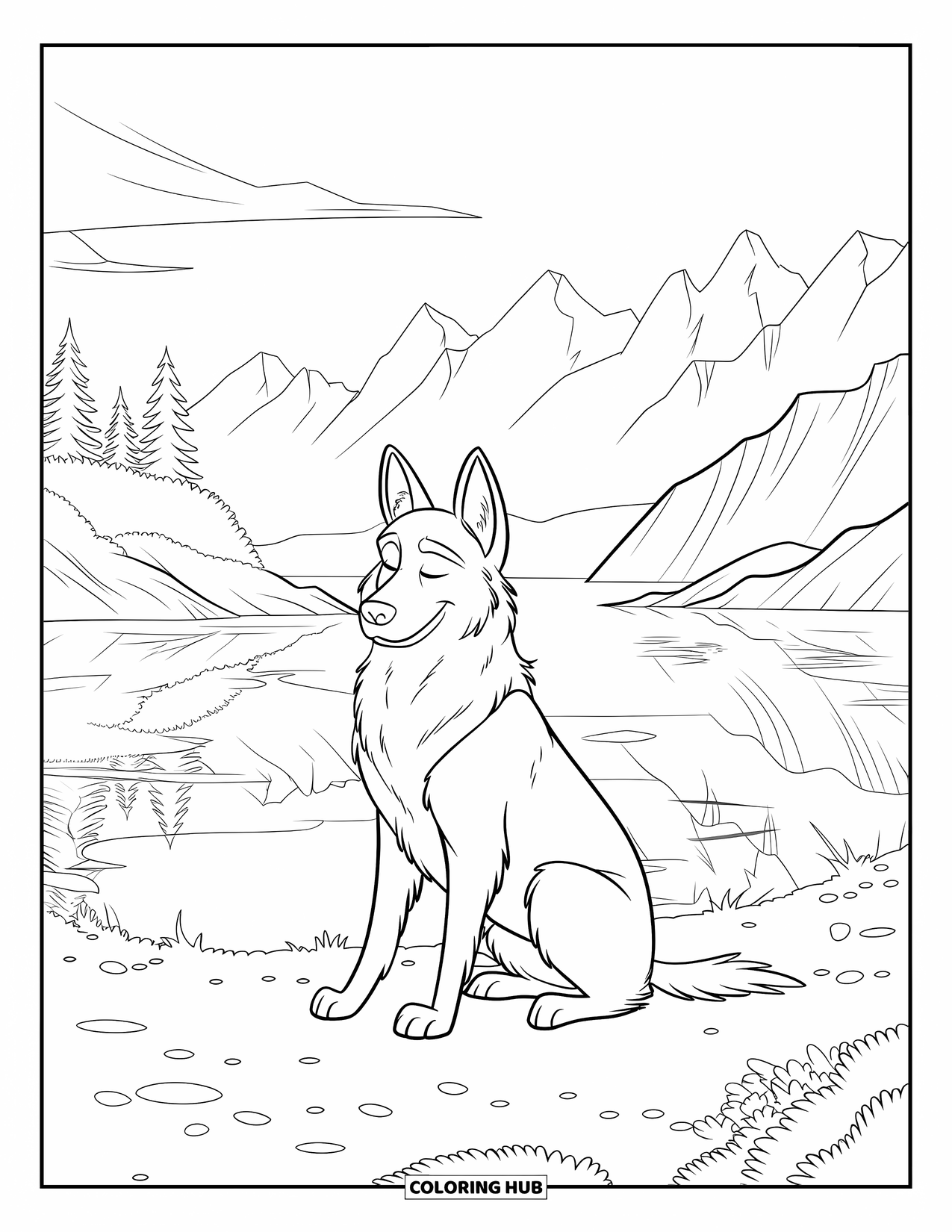Desenho de Pastor Alemão para Adultos: Um filhote com olhos fechados relaxa perto de um lago rochoso com montanhas e pedrinhas ao redor
