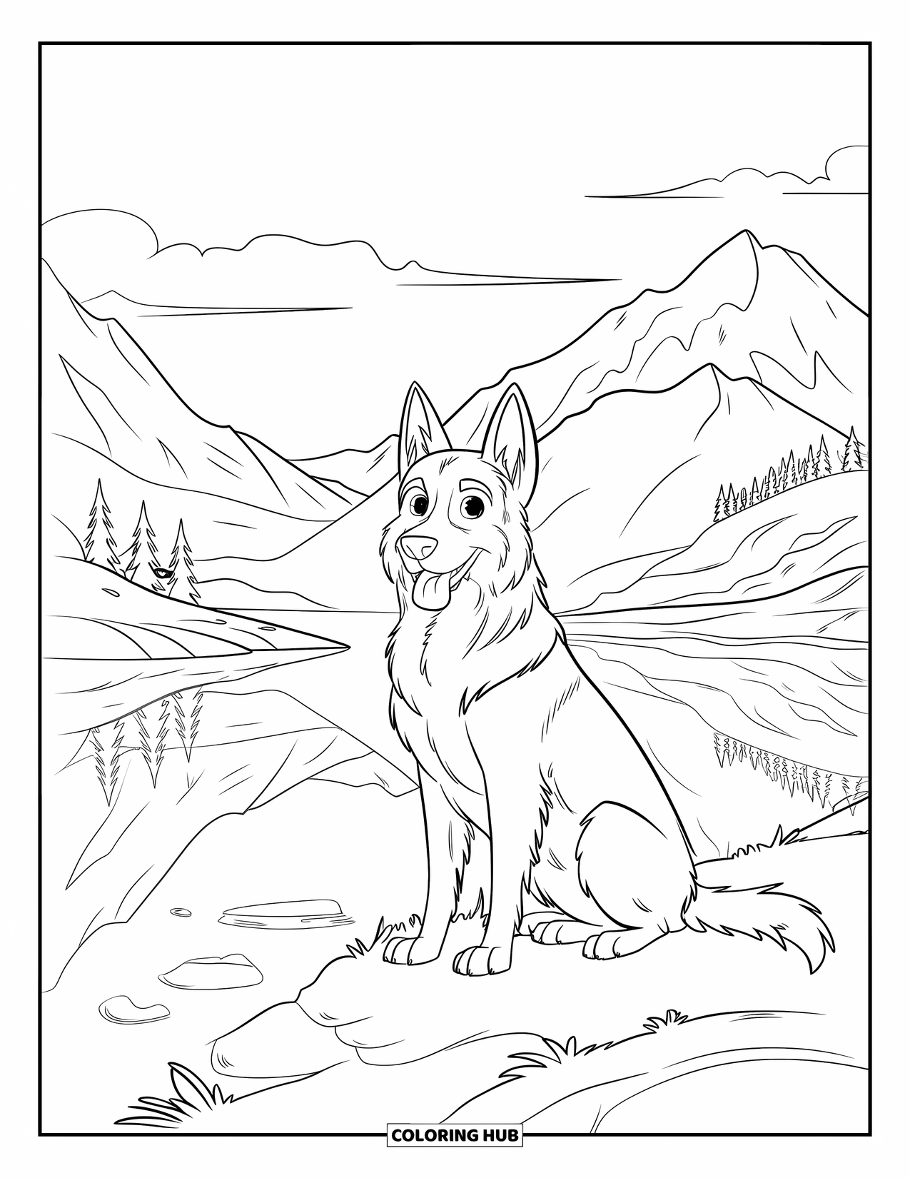 Desenho de Pastor Alemão para Adultos: Um cão sereno senta-se ao lado de um lago com montanhas e nuvens refletidas na água