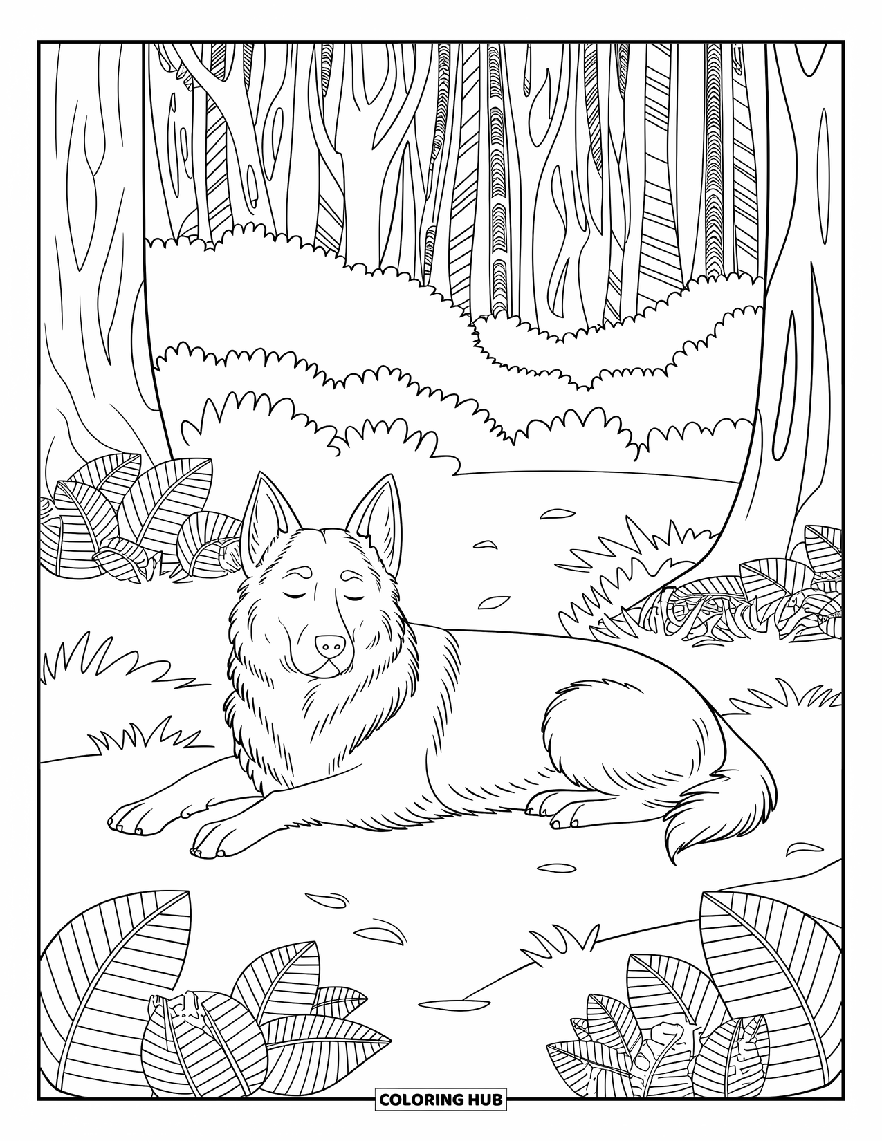 Desenho de Pastor Alemão para Adultos: Um filhote sonolento está deitado na floresta com os olhos fechados e folhas espalhadas ao redor