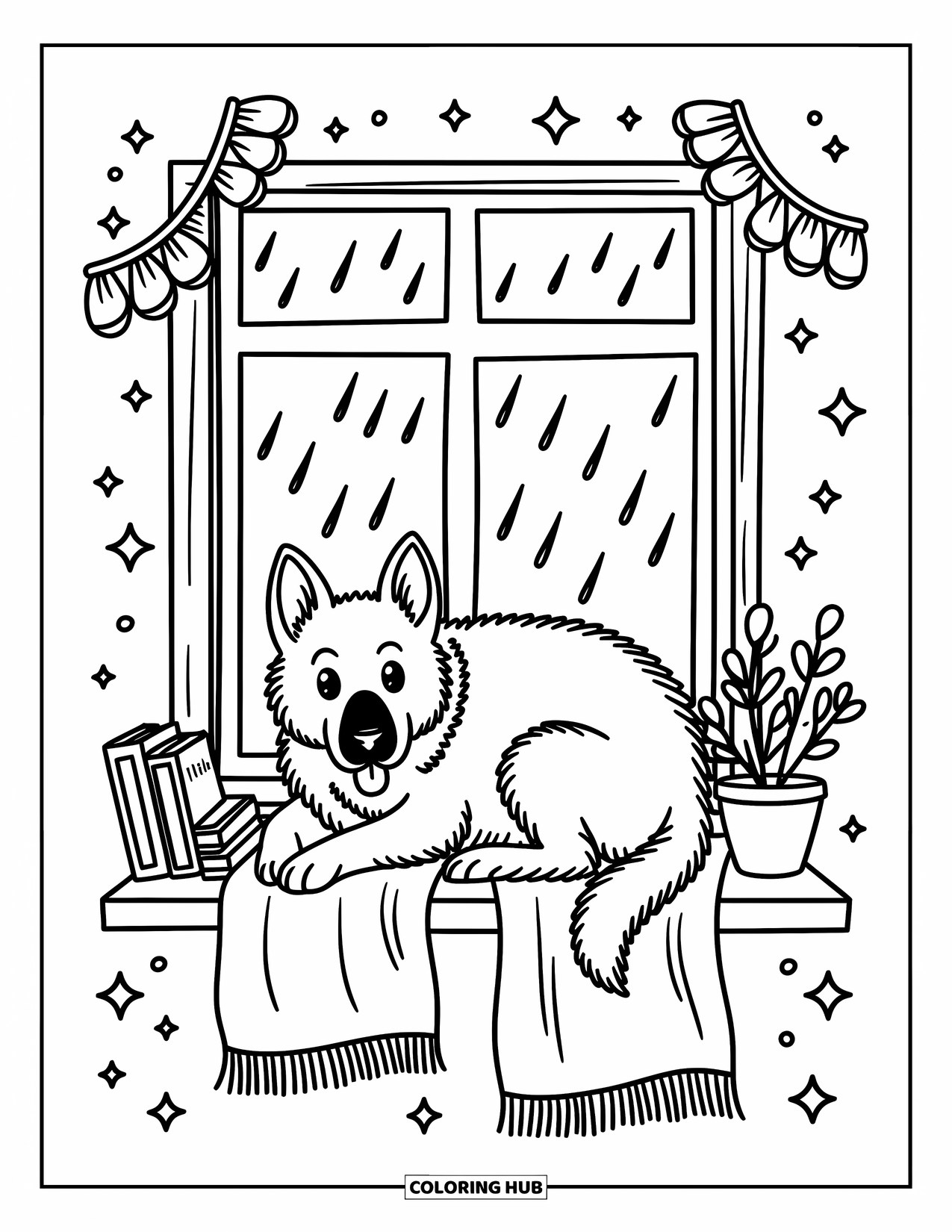 Desenho de Pastor Alemão para Colorir para Adultos: Um filhote doce se aconchega perto da janela, apreciando a chuva com livros e brilhos ao redor