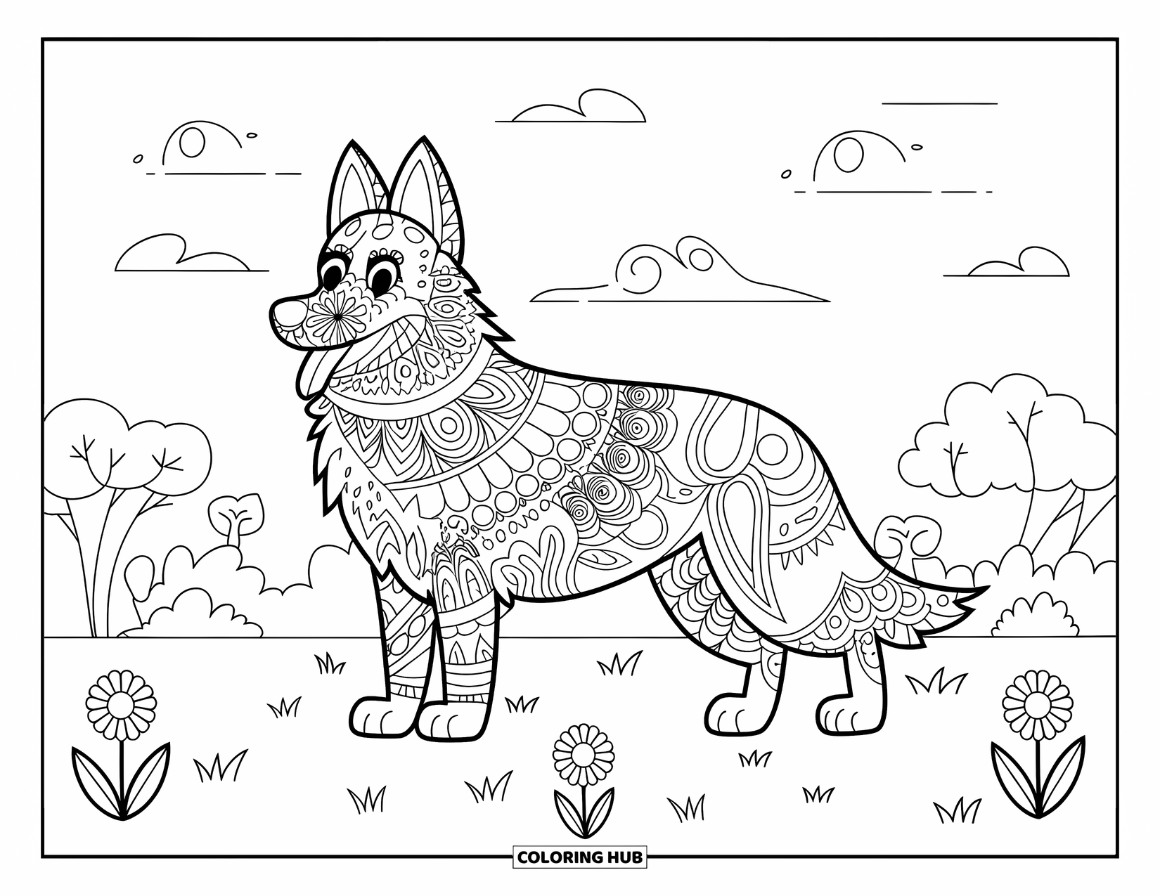 Desenho de Pastor Alemão para Adultos: Um filhote com padrões em espiral está em um campo sob as nuvens com flores e árvores por perto