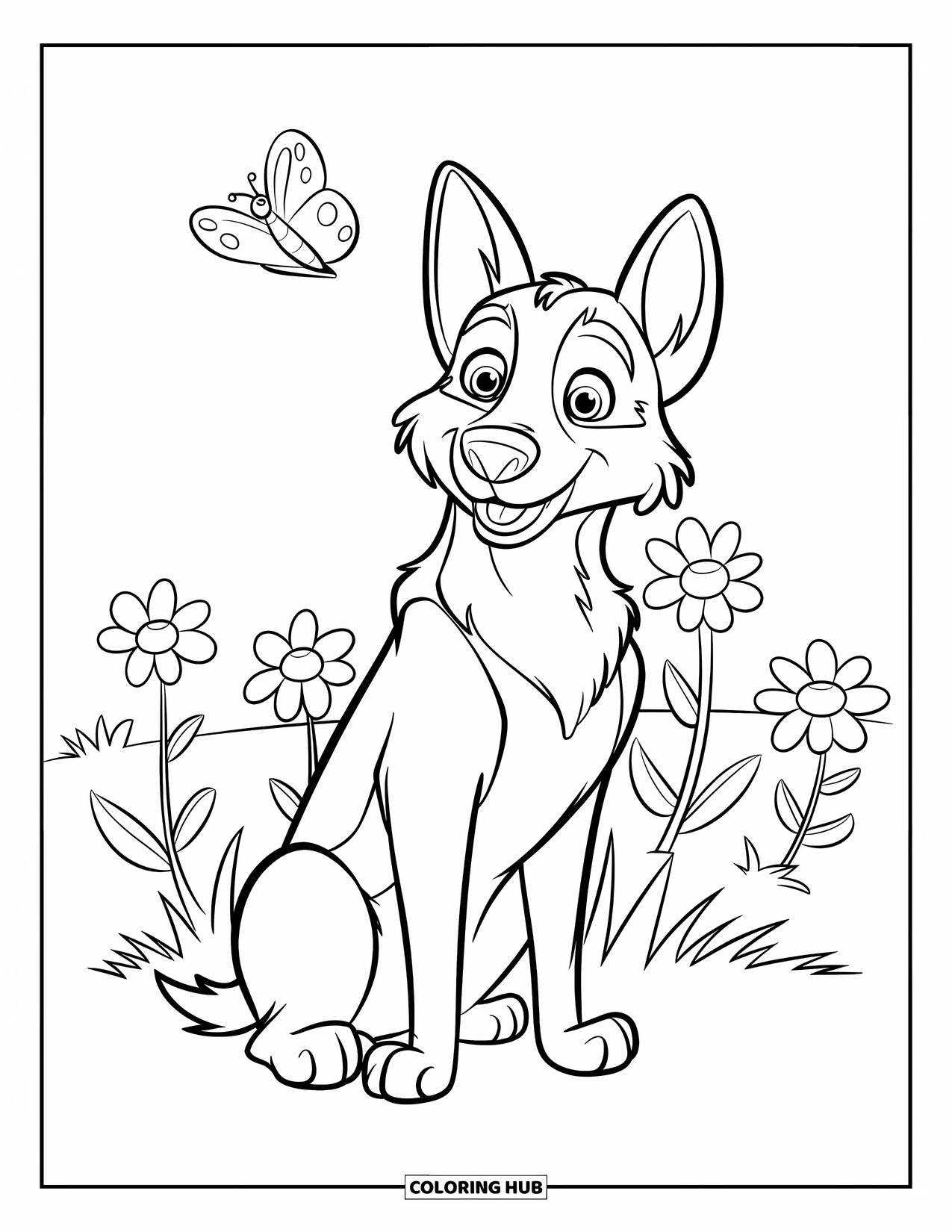 Desenho de Pastor Alemão para Colorir para Crianças: Um filhote calmo observa uma borboleta em um campo cheio de flores