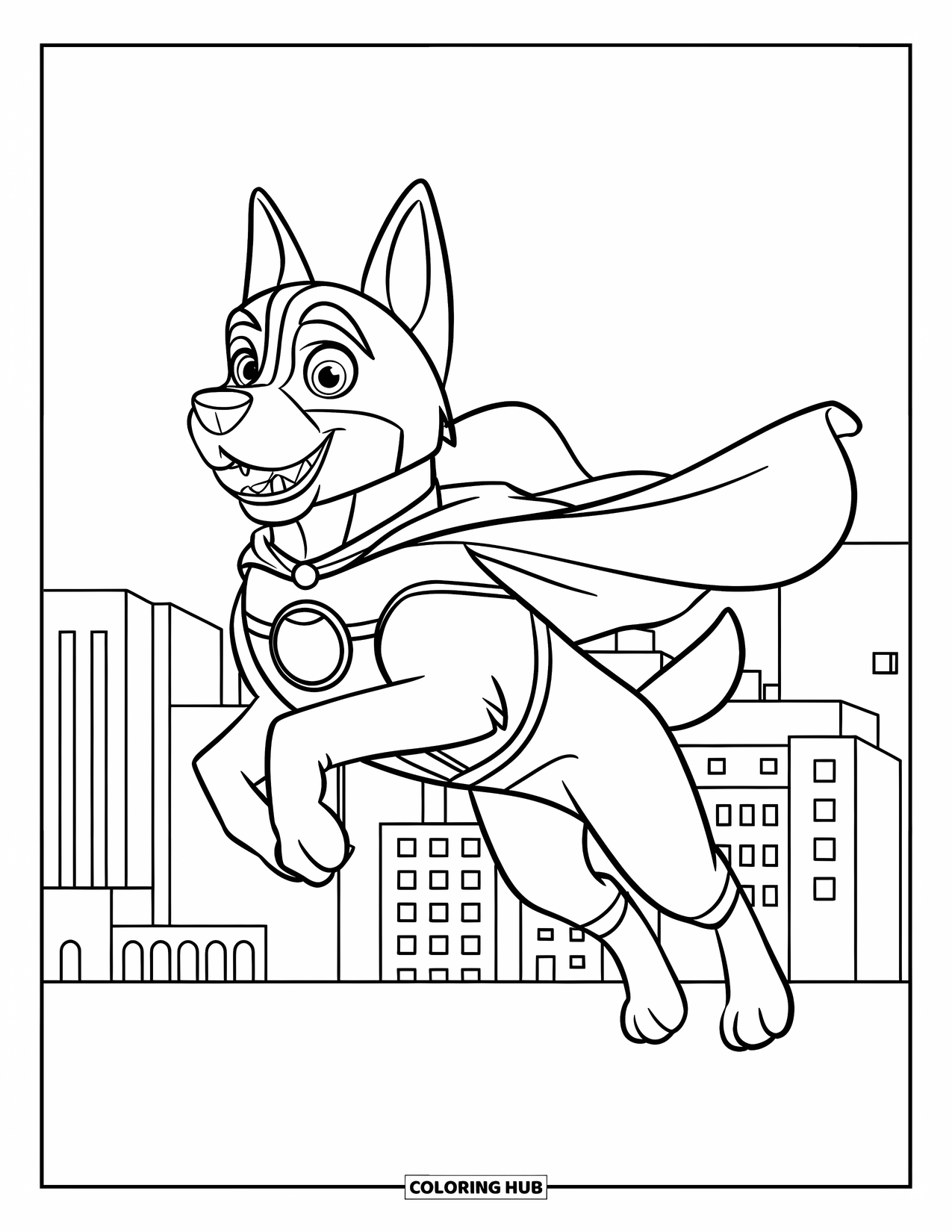 Desenho de Pastor Alemão para Colorir para Crianças: Um cão de capa voa acima dos telhados com contornos ousados e edifícios da cidade