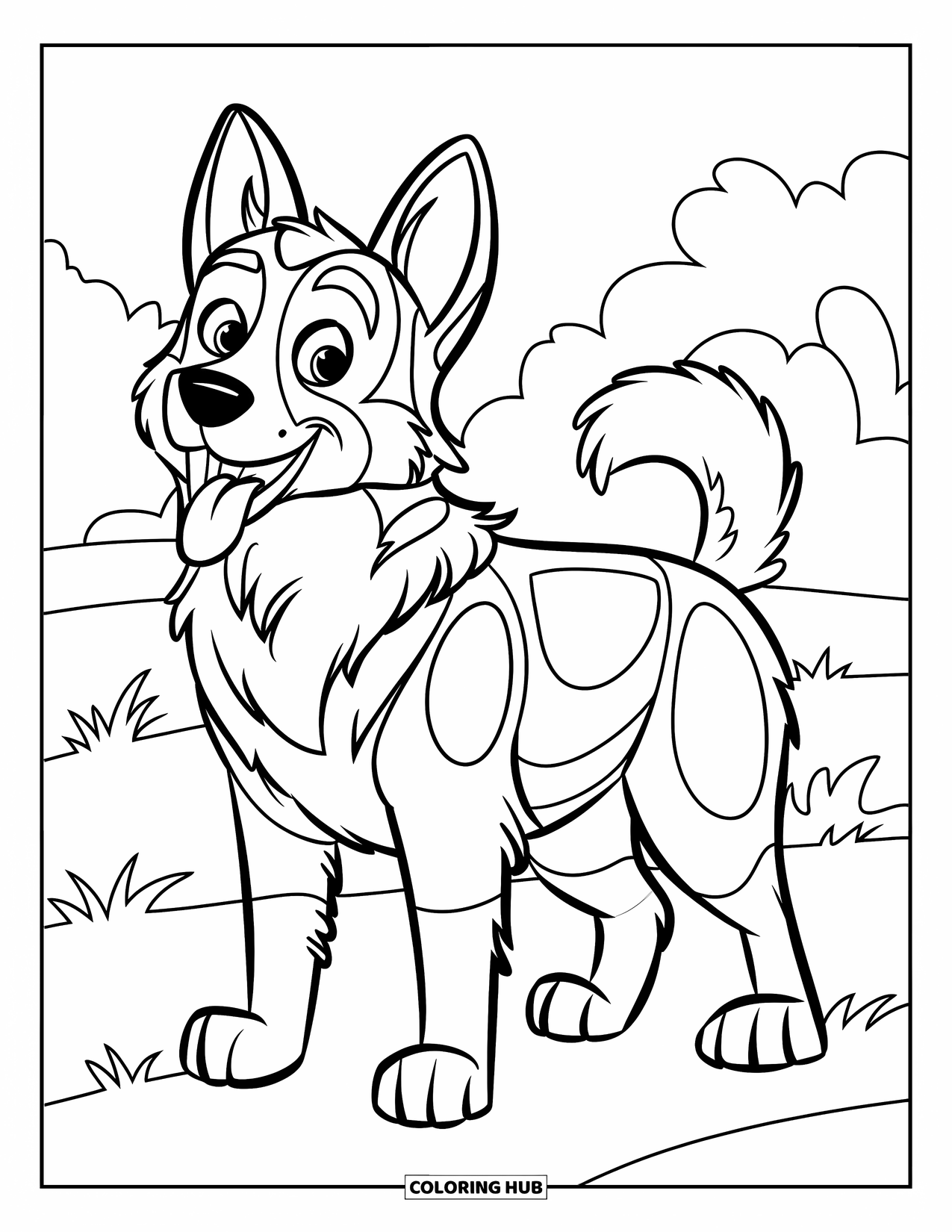 Desenho de Pastor Alemão para Colorir para Crianças: Um Pastor Alemão alegre fica com o rabo abanando em um campo gramado, contornado em traços grossos