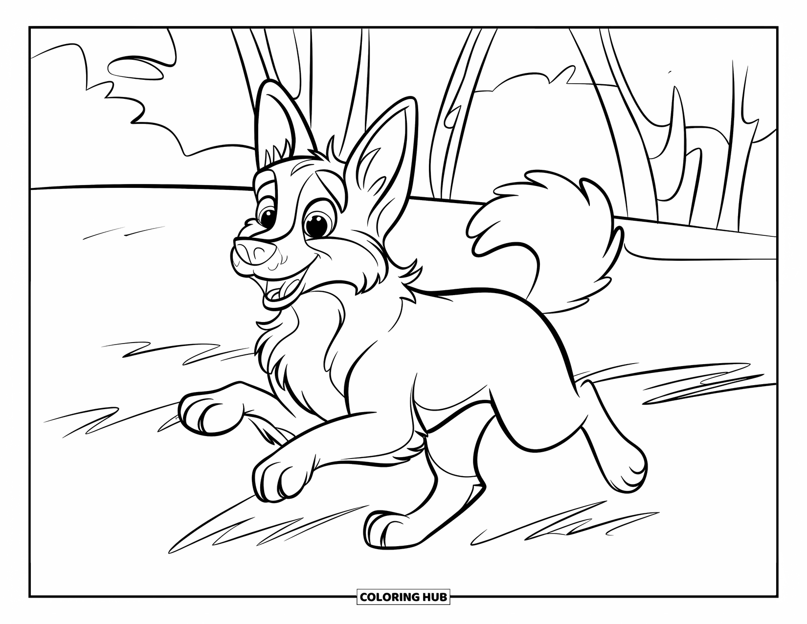 Desenho de Pastor Alemão para Colorir para Crianças: Um Pastor Alemão alegre corre com orelhas soltas por um campo ensolarado