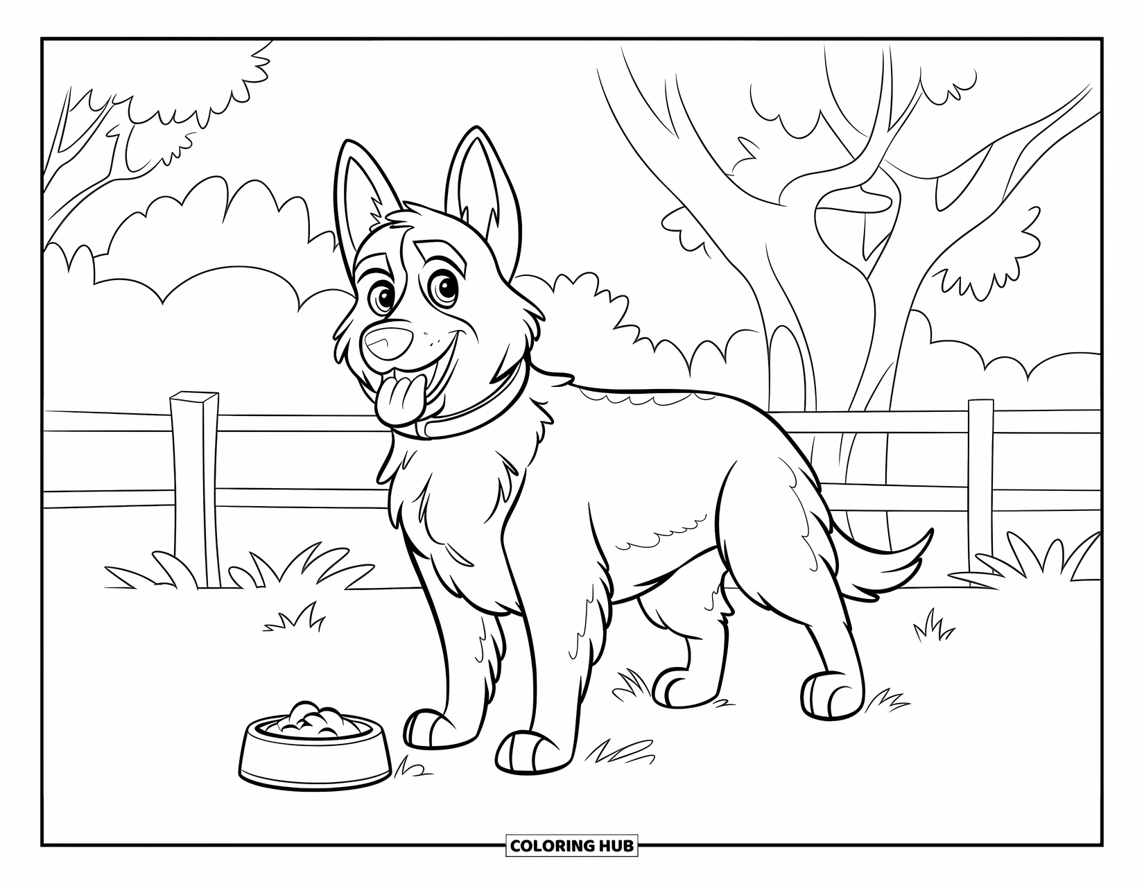 Desenho de Pastor Alemão para Colorir para Crianças: Um cão com coleira cheira sua tigela de comida perto de árvores e uma cerca