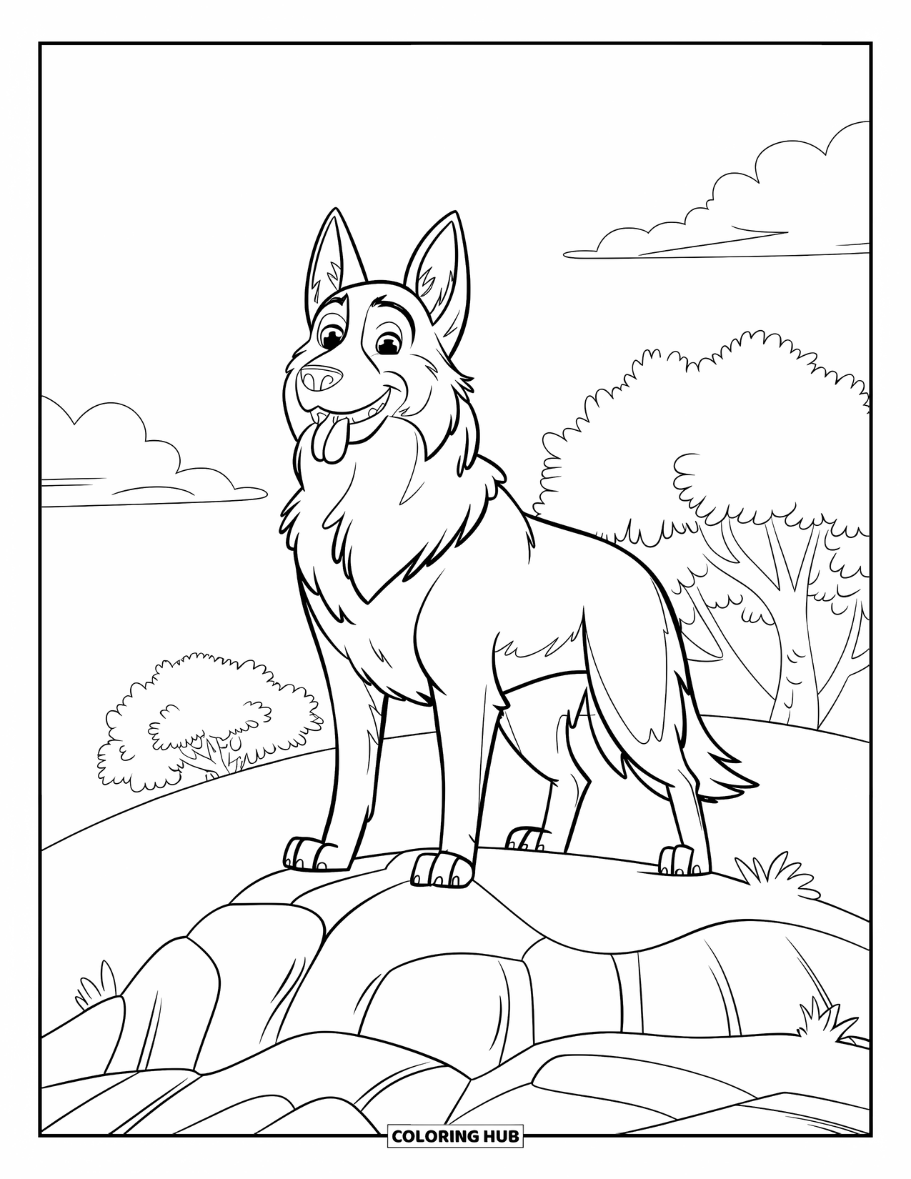 Desenho de Pastor Alemão para Colorir para Crianças: Um cão confiante uiva em uma colina sob um céu nublado