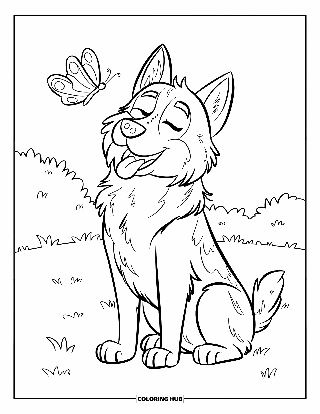 Desenho de Pastor Alemão para Colorir para Crianças: Um cão contente fecha os olhos enquanto uma borboleta flutua acima