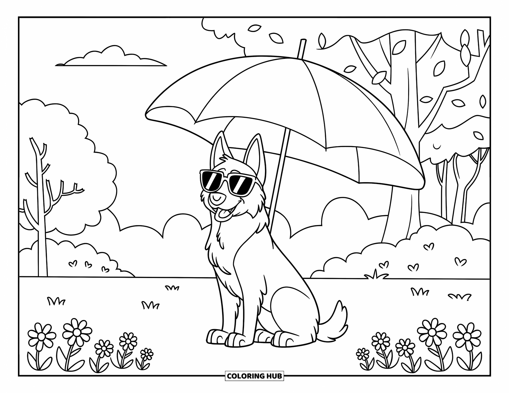Desenho de Pastor Alemão para Colorir para Crianças: Um cão legal de óculos de sol relaxa entre flores e árvores
