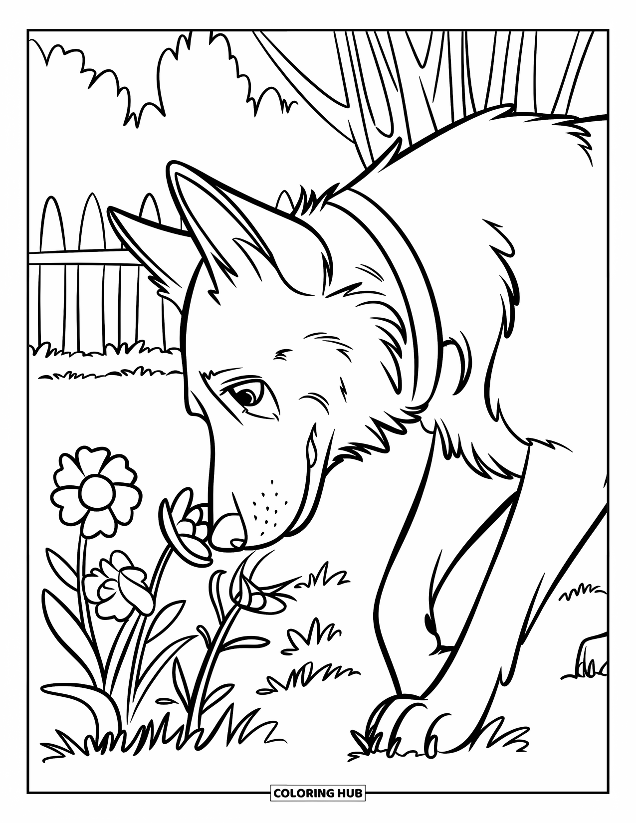 Desenho de Pastor Alemão para Colorir para Crianças: Um Pastor Alemão curioso cheira flores desabrochando em um jardim