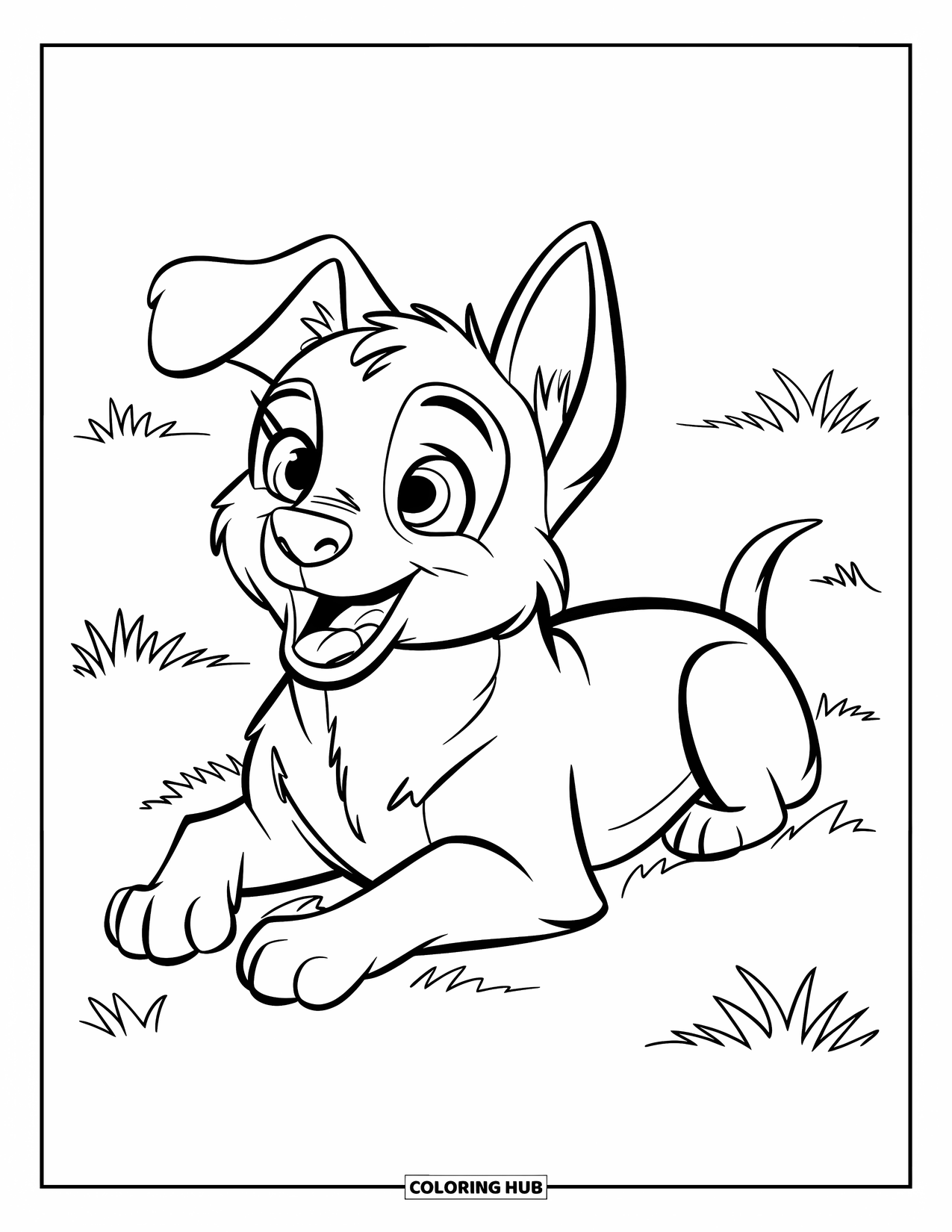 Desenho de Pastor Alemão para Colorir para Crianças: Um filhote curioso com olhos arregalados relaxa em um campo aberto