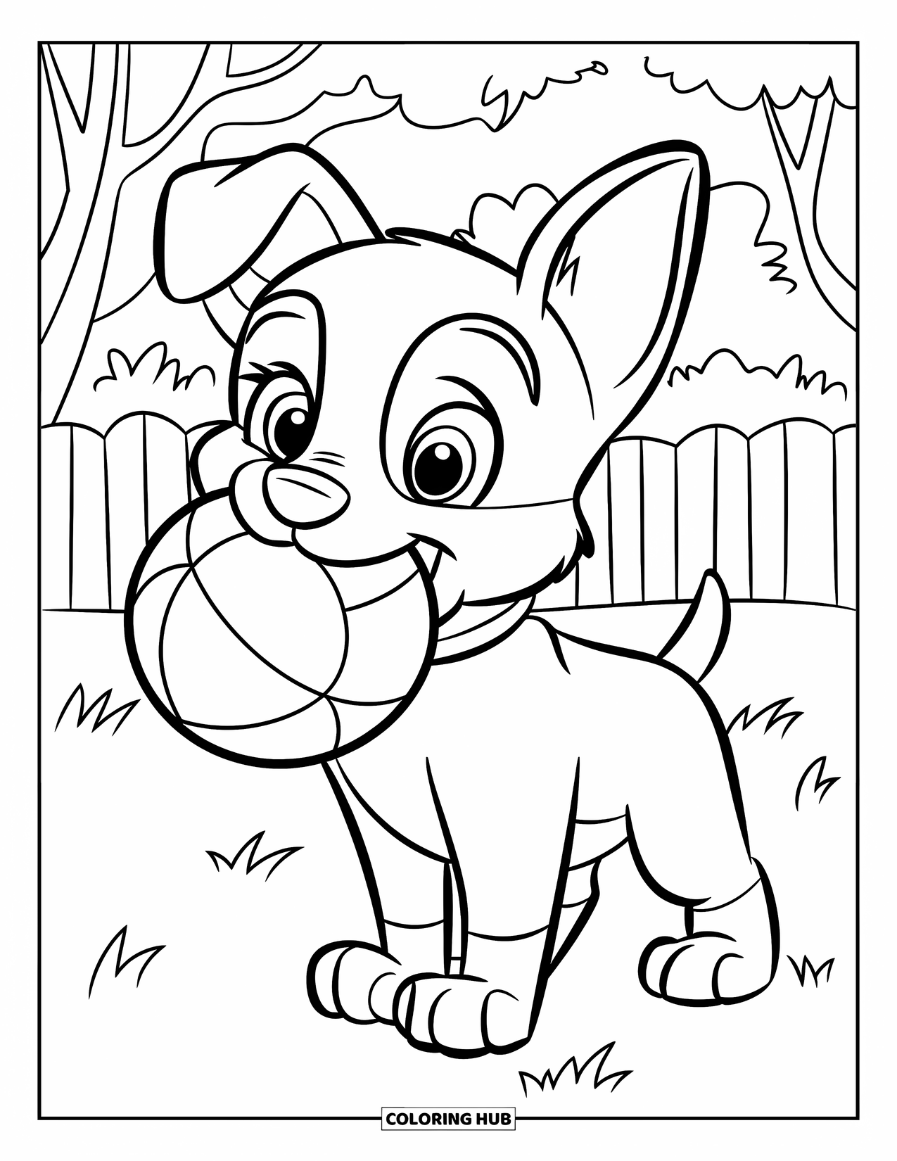 Desenho de Pastor Alemão para Colorir para Crianças: Um filhote de Pastor Alemão fofo segura uma bola na boca enquanto está em um quintal gramado com árvores