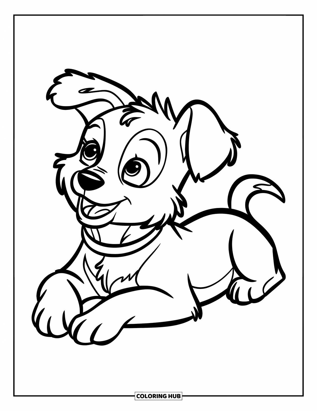 Desenho de Pastor Alemão para Colorir para Crianças: Um filhote de Pastor Alemão fofo se deita, olhando para cima docemente