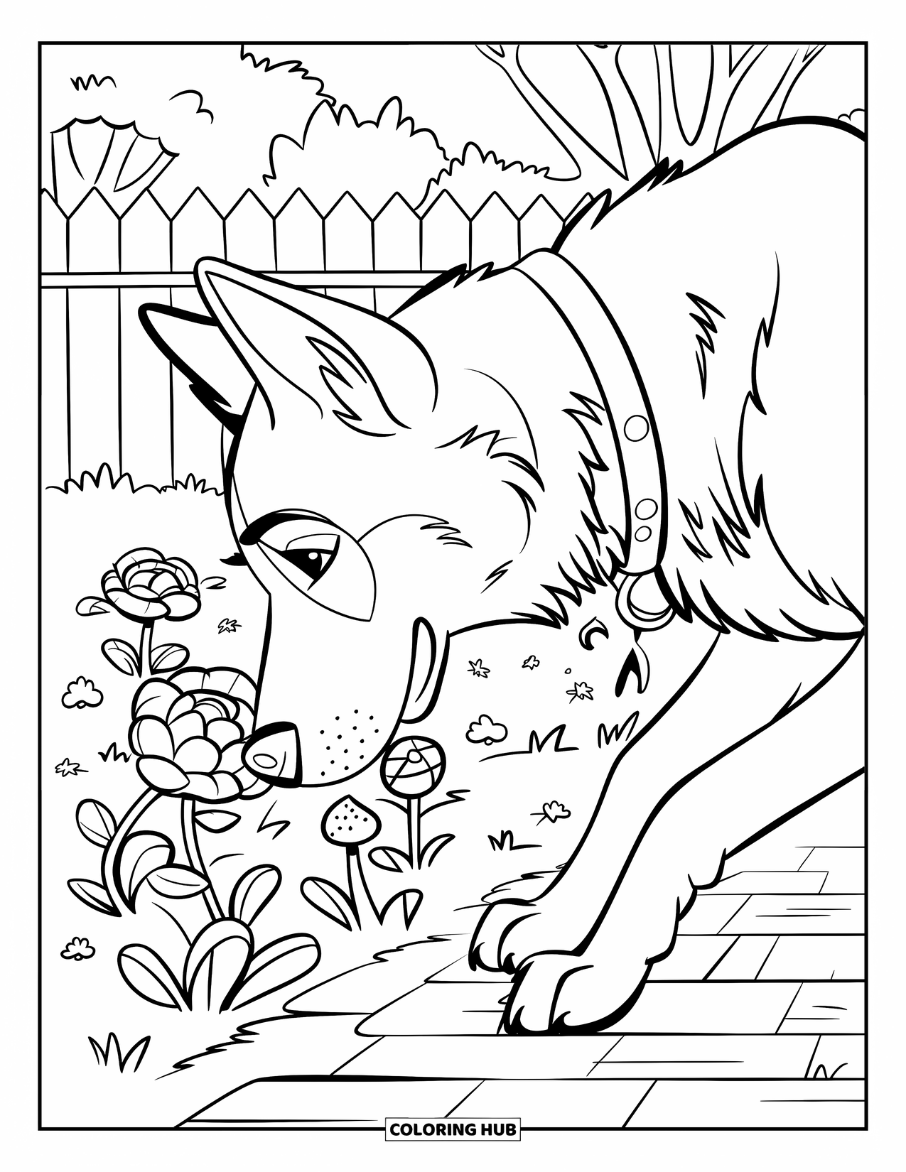 Desenho de Pastor Alemão para Colorir para Crianças: Um cão explora um caminho de jardim ladeado de flores e árvores coloridas