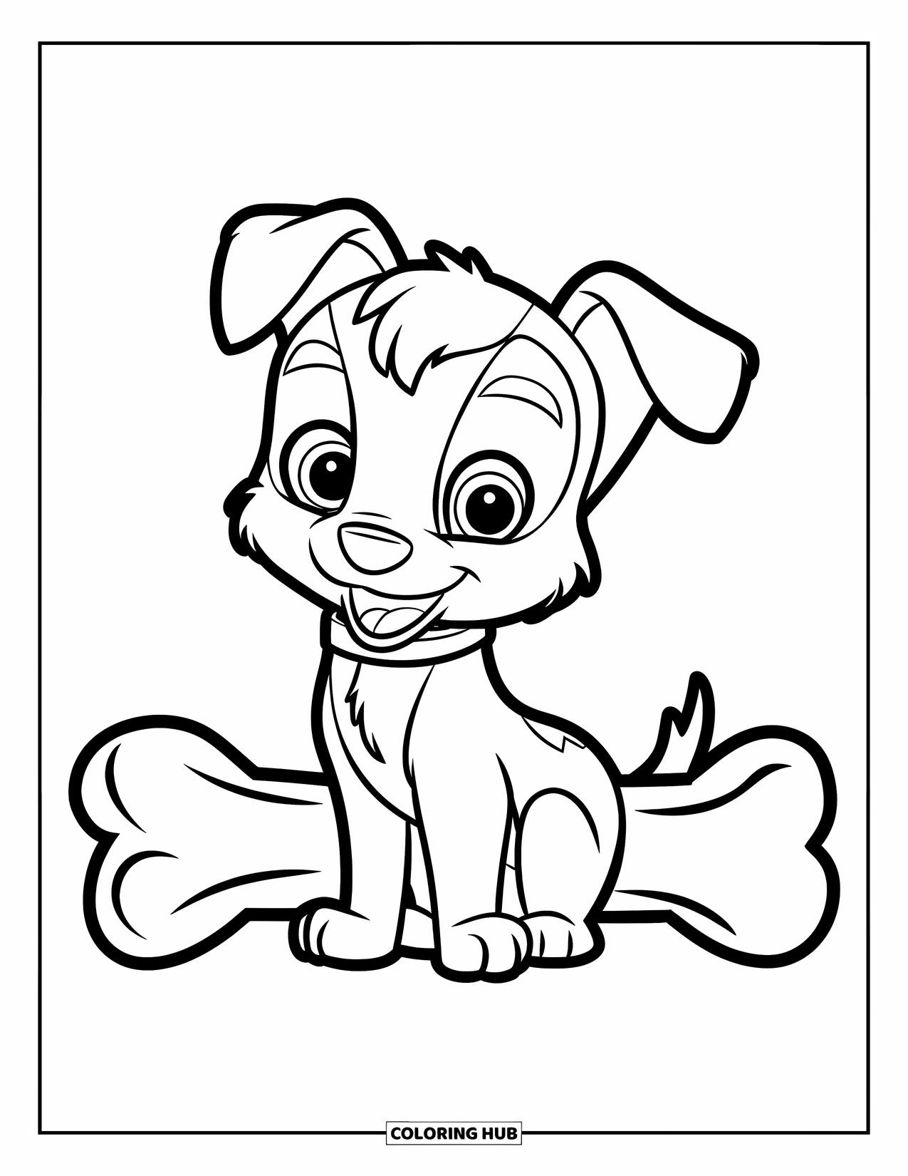 Desenho de Pastor Alemão para Colorir para Crianças: Um filhote de orelhas caídas senta-se calmamente ao lado de um osso grande, contornado com linhas limpas e ousadas