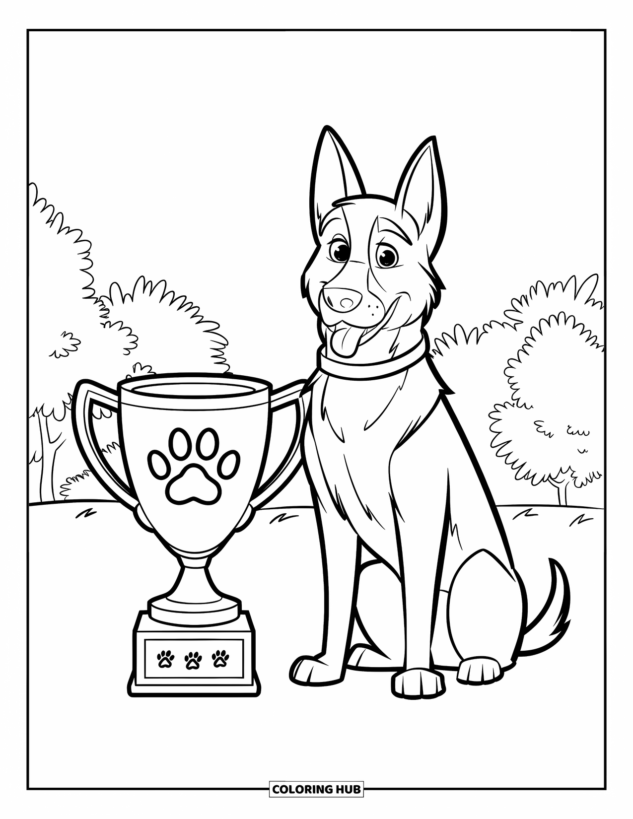 Desenho de Pastor Alemão para Colorir para Crianças: Um cão fofo senta-se orgulhosamente ao lado de um troféu sob árvores altas